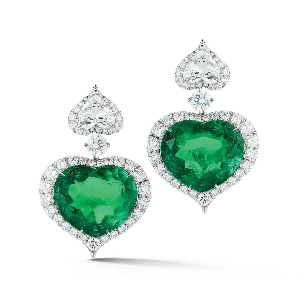 The beauty of heart shapes- perfectly matched and completely certified.

Two Colombian (Gübelin) heart shape emeralds 16.16cts & 17.21cts
Two heart shape diamonds (GIA) 1.71cts E VVS2 & 1.72cts F VS2
Two round diamonds (GIA) 0.40cts F VS2 & 0.41cts