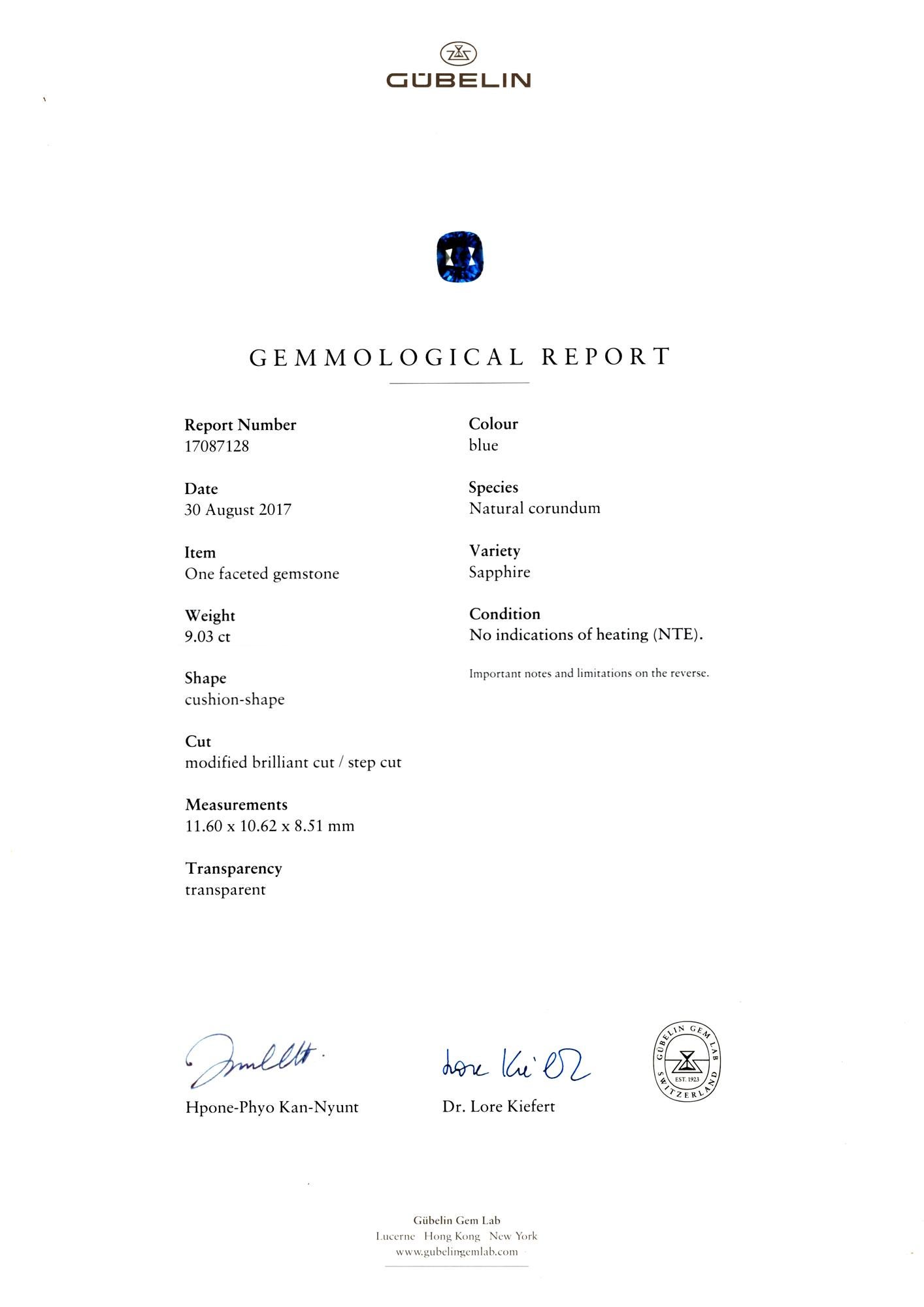 Contemporary Gubelin GRS Certified 9 Ct. Blue Sapphire Diamond Platinum Ring For Sale