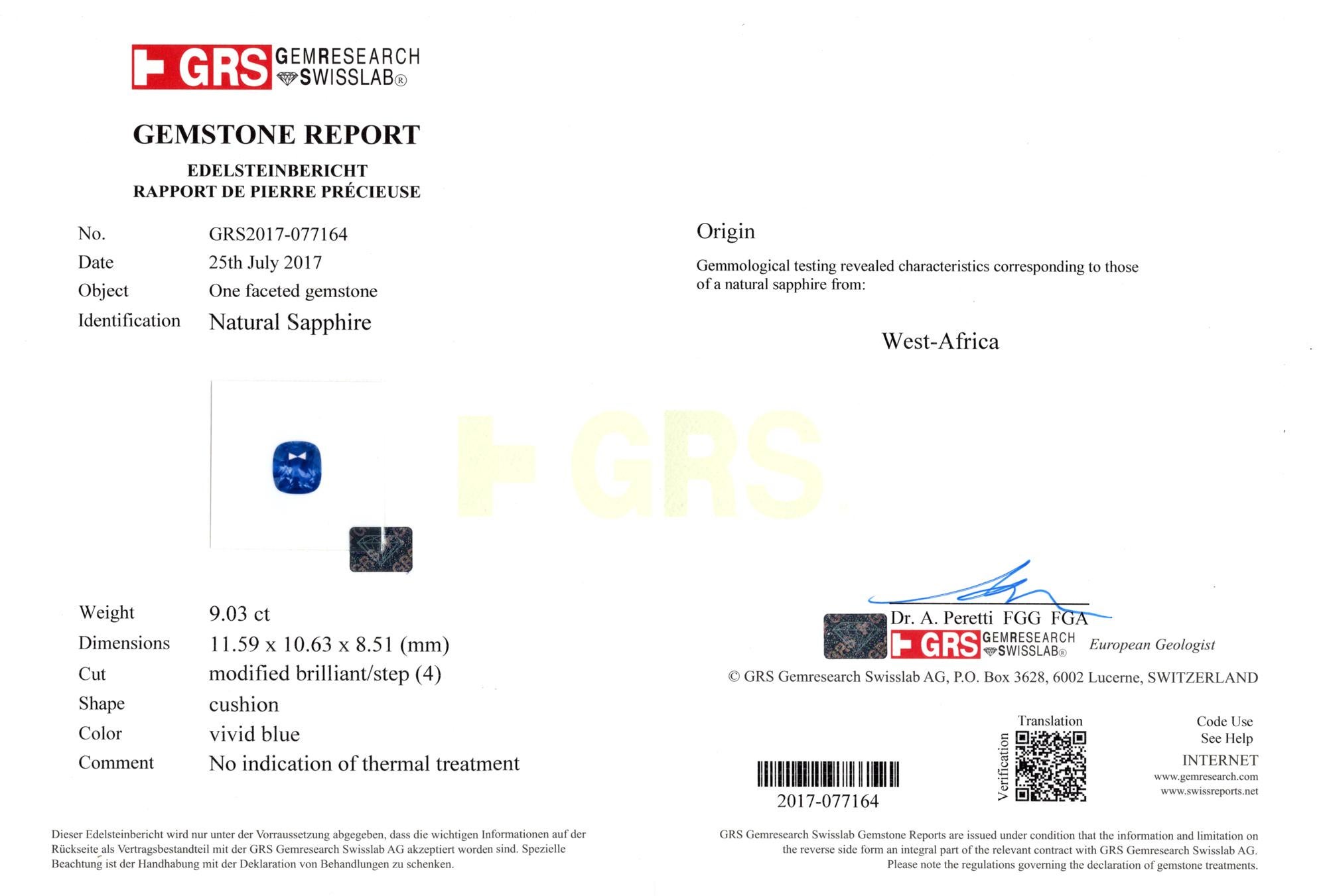 Cushion Cut Gubelin GRS Certified 9 Ct. Blue Sapphire Diamond Platinum Ring For Sale