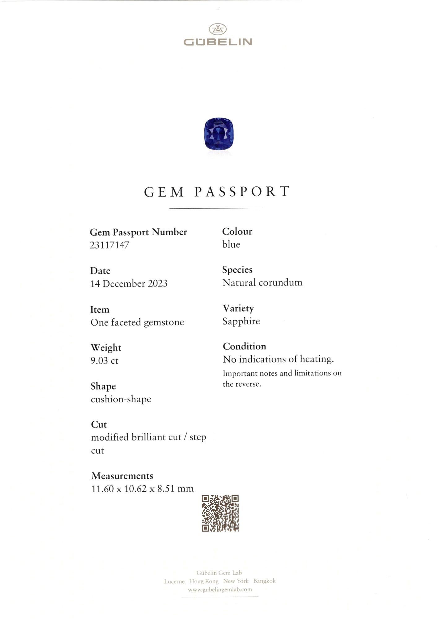 Gubelin GRS Certified 9 Ct. Blue Sapphire Diamond Platinum Ring In New Condition For Sale In Chicago, IL