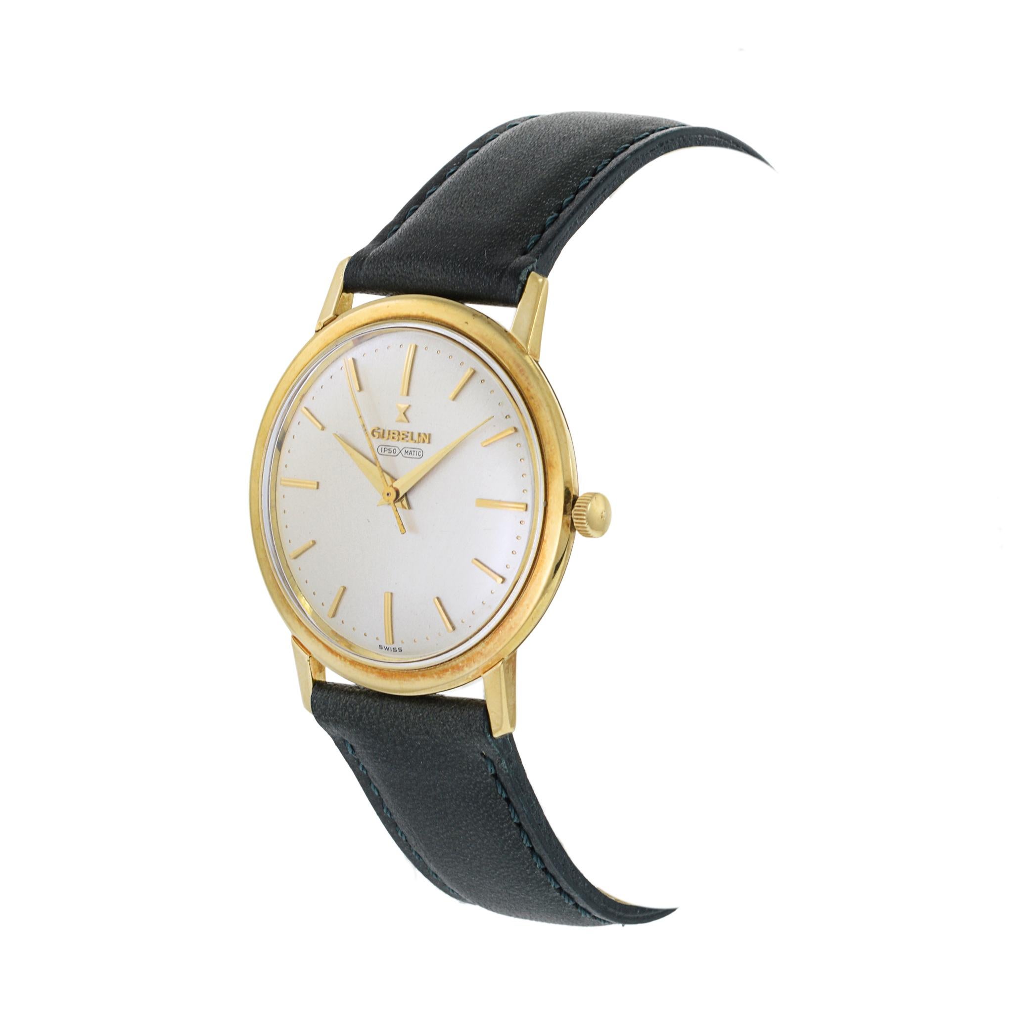 This is an example of 1960's watchmaking at its finest. This highly collectible Gubelin Ipso Matic 18K watch is among the most collectible watches of this period.

This watch features a top quality 18k yellow gold Spillmann case which meausres 35mm