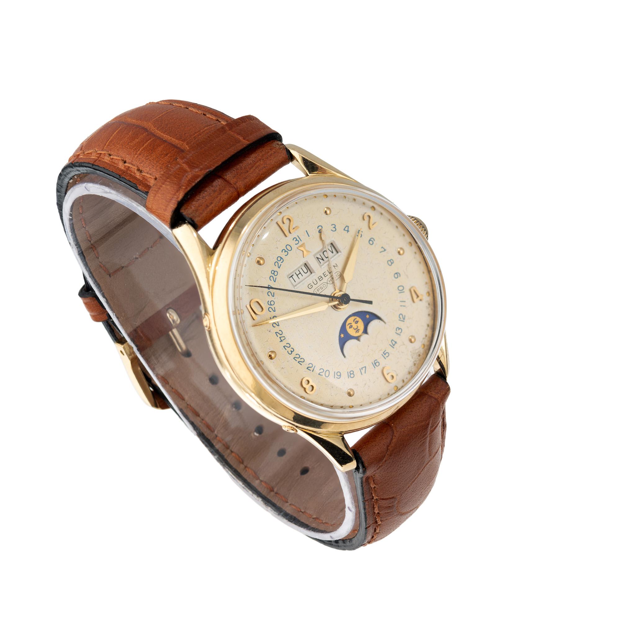 Gubelin Ipso Matic Moon Phase Day Date Month 18k Yellow Gold Wristwatch In Good Condition For Sale In Stamford, CT
