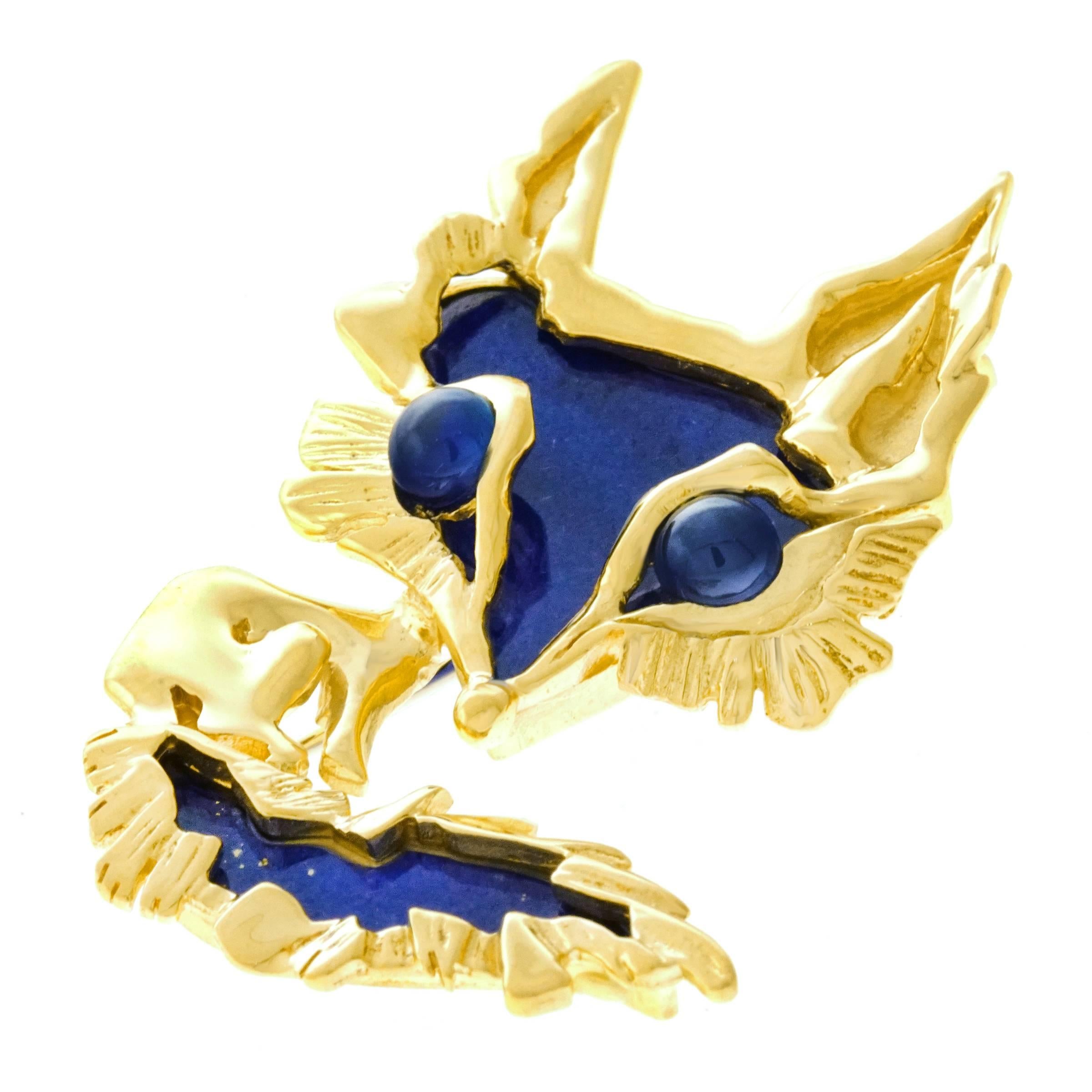Gubelin Lapis and Sapphire Set Gold Fox Brooch In Excellent Condition In Litchfield, CT