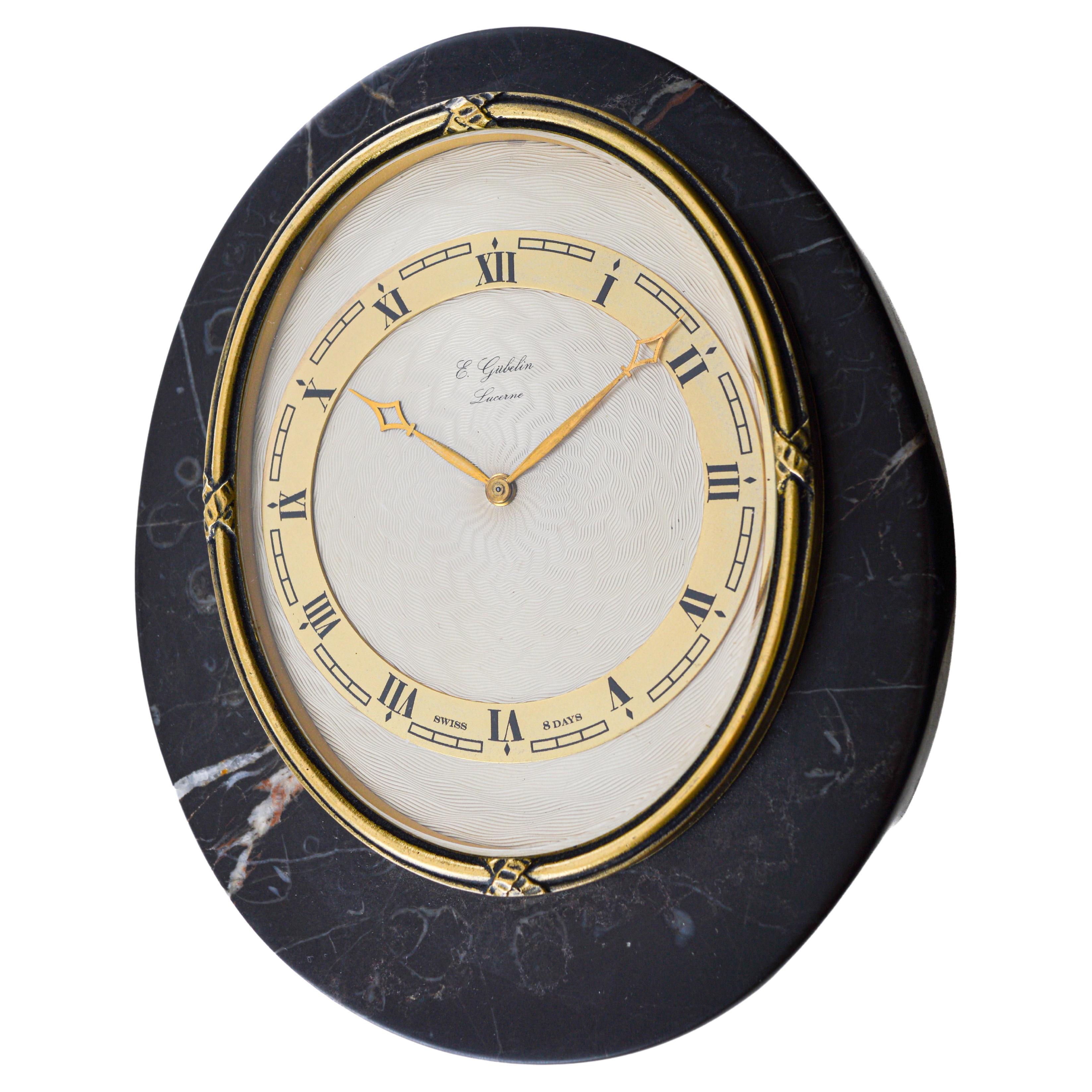 Gubelin Lucerne Art Deco Stone and Bronze Table Clock, circa 1930s In Excellent Condition For Sale In Long Beach, CA