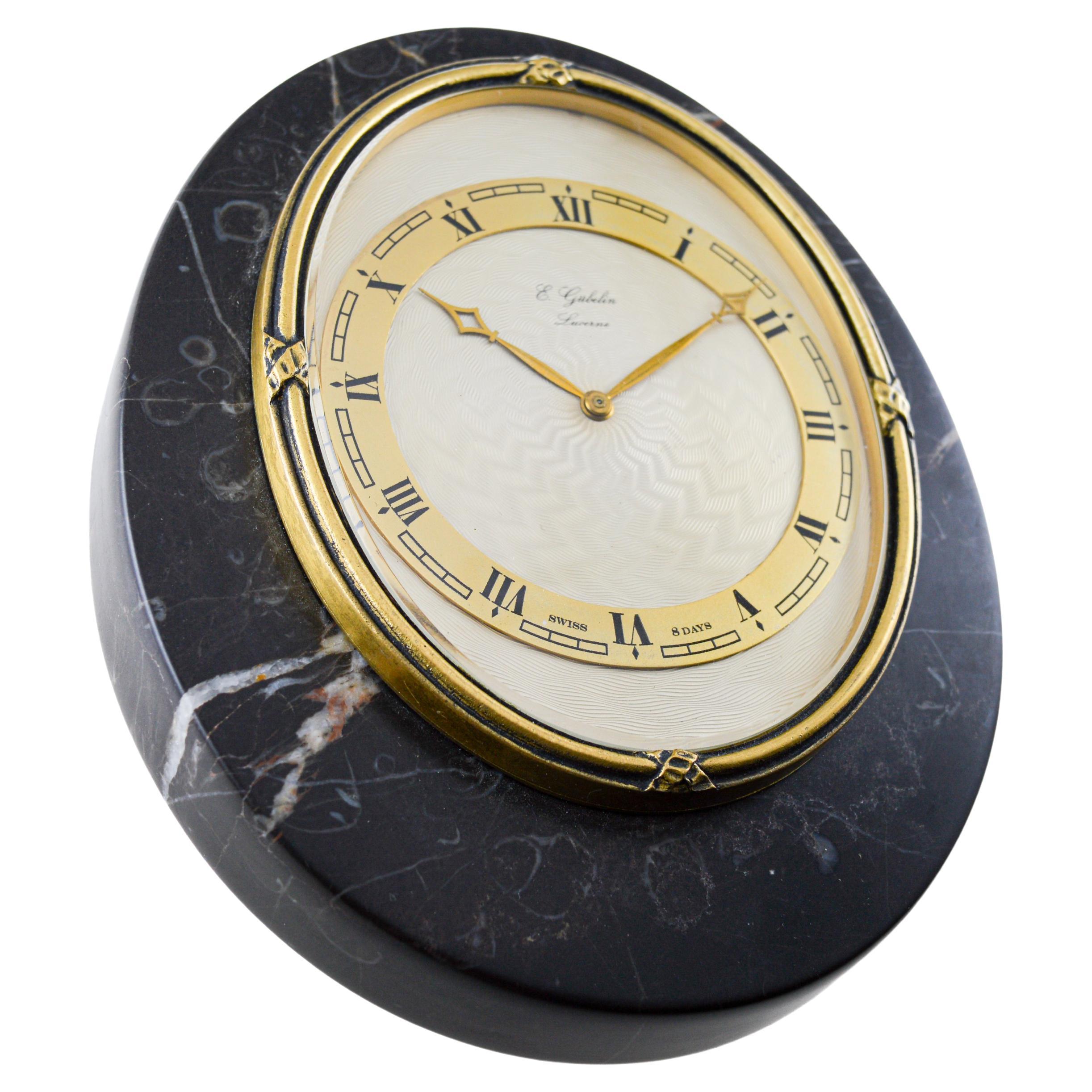 Gubelin Lucerne Art Deco Stone and Bronze Table Clock, circa 1930s For Sale