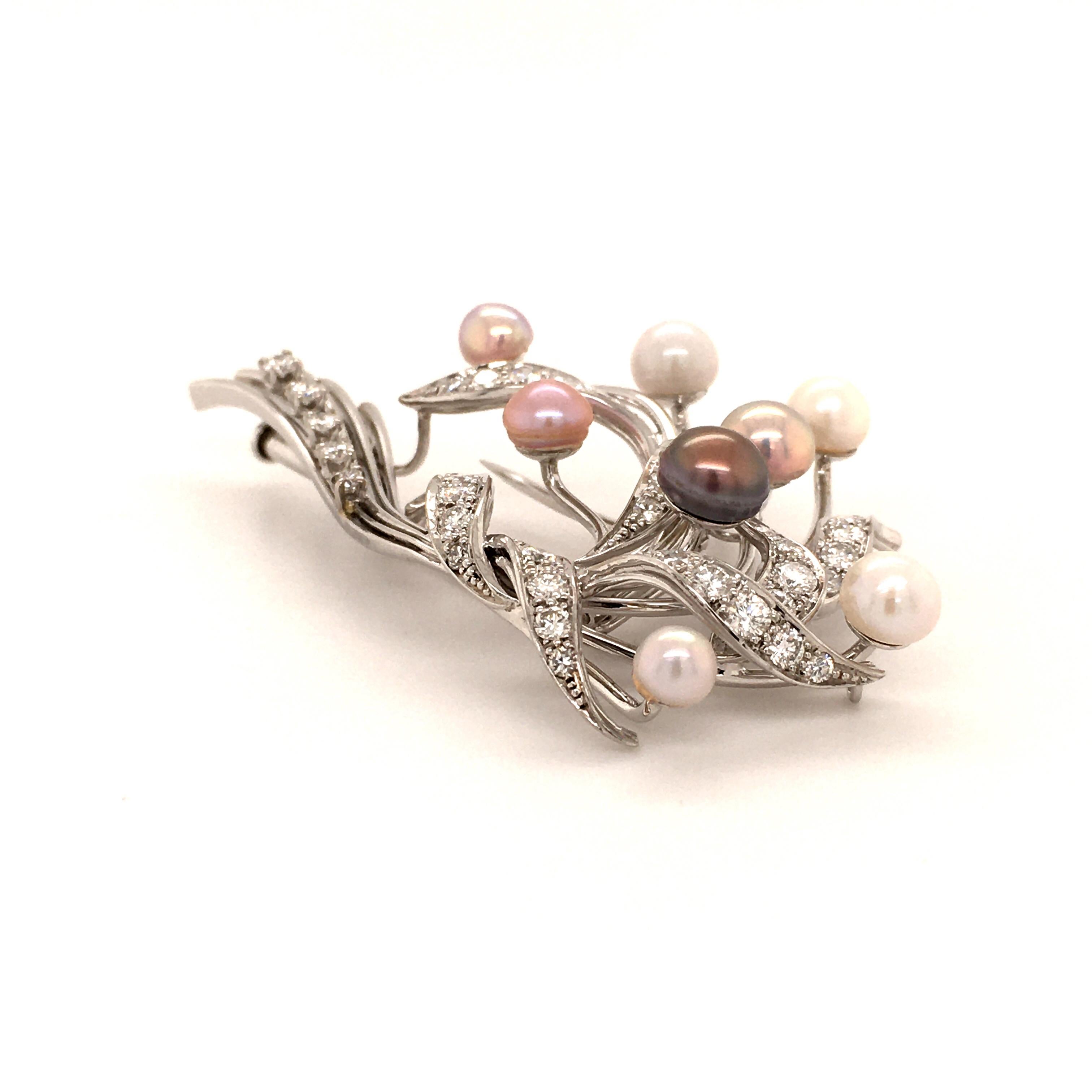 Gubelin Natural Pearls and Diamonds Brooch in 18 Karat White Gold 1