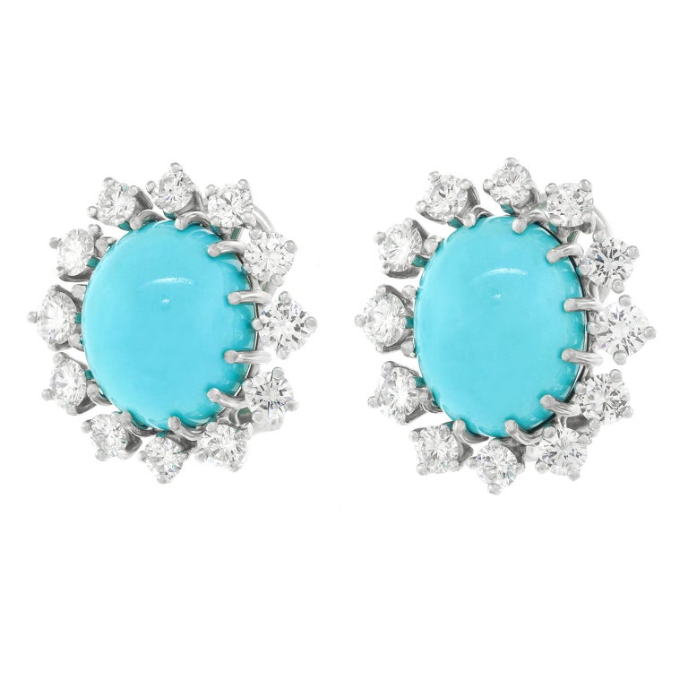 Oval Cut Gubelin Persian Turquoise & Diamond Earrings For Sale