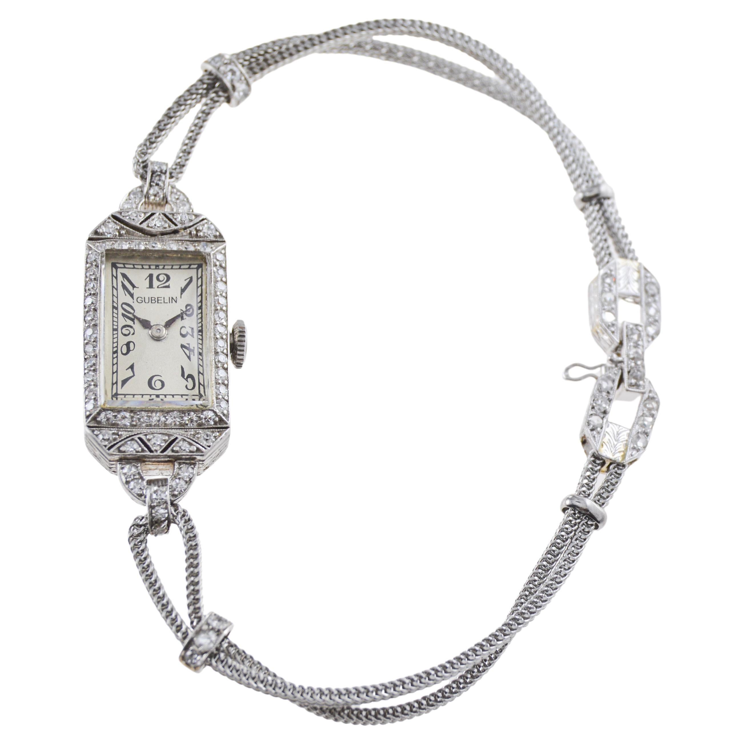Gubelin Platinum and Diamond Art Deco Manual Winding Dress Watch, circa 1930s For Sale 9