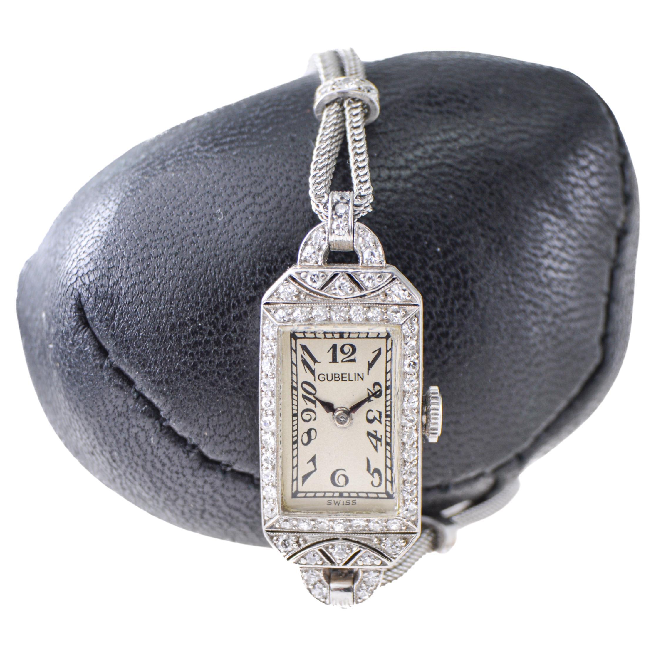 Women's Gubelin Platinum and Diamond Art Deco Manual Winding Dress Watch, circa 1930s For Sale