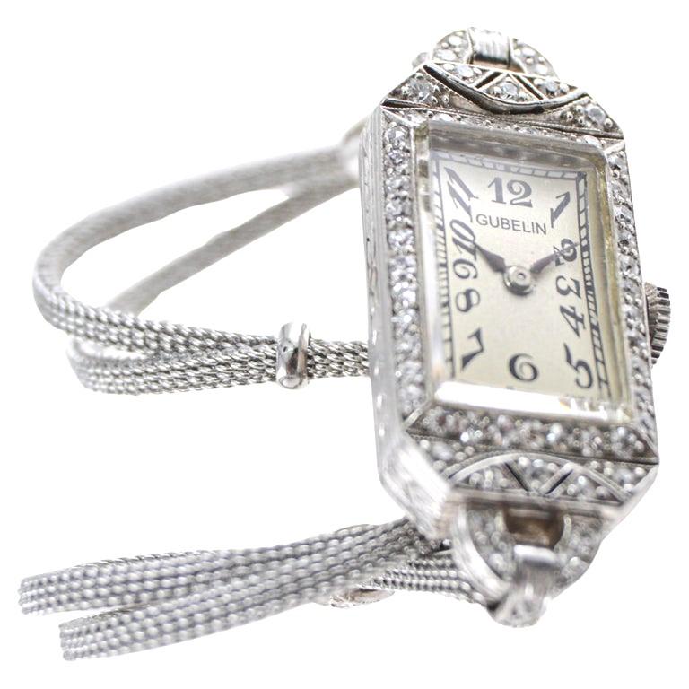 Gubelin Platinum and Diamond Art Deco Manual Winding Dress Watch, circa 1930s For Sale 1