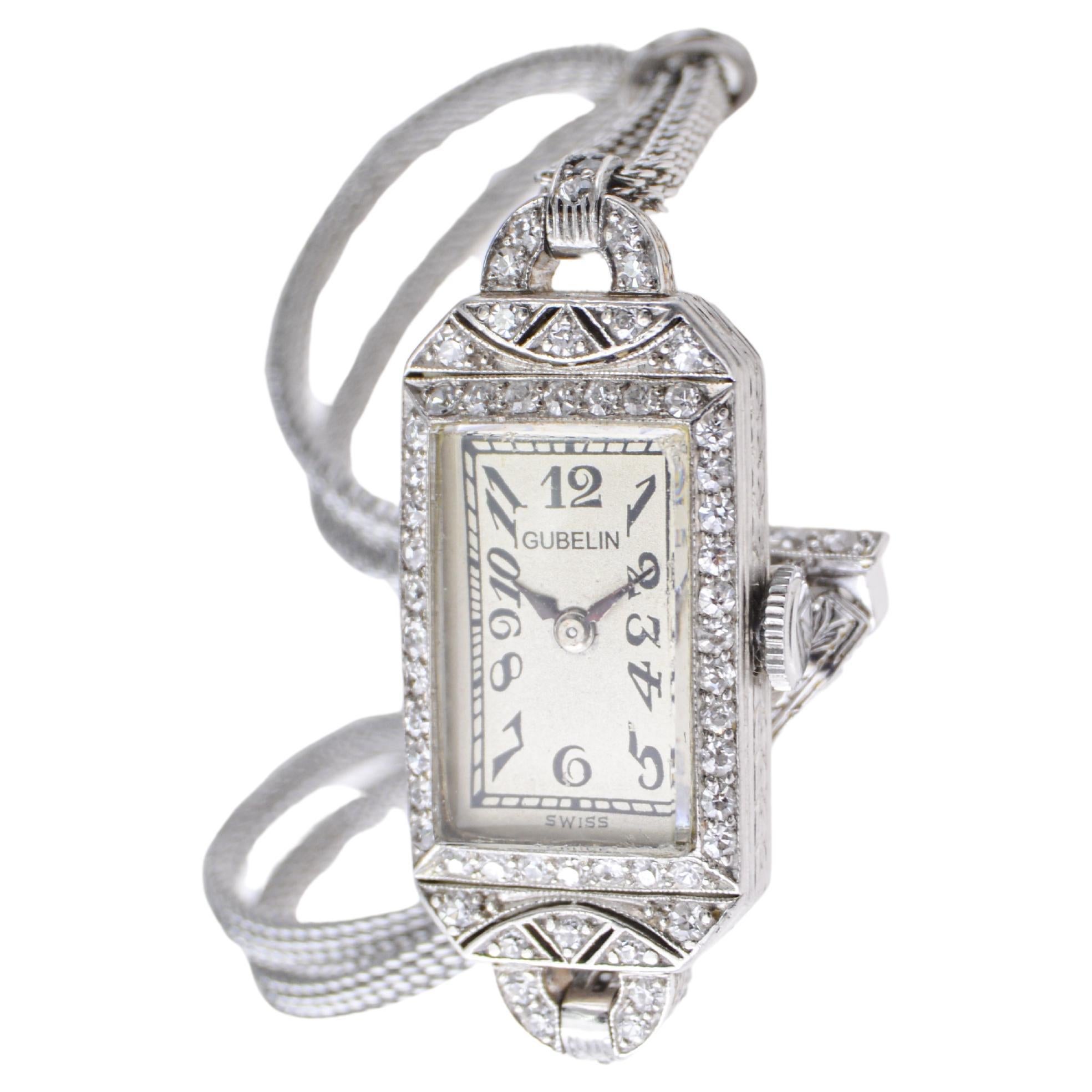 Gubelin Platinum and Diamond Art Deco Manual Winding Dress Watch, circa 1930s For Sale 2