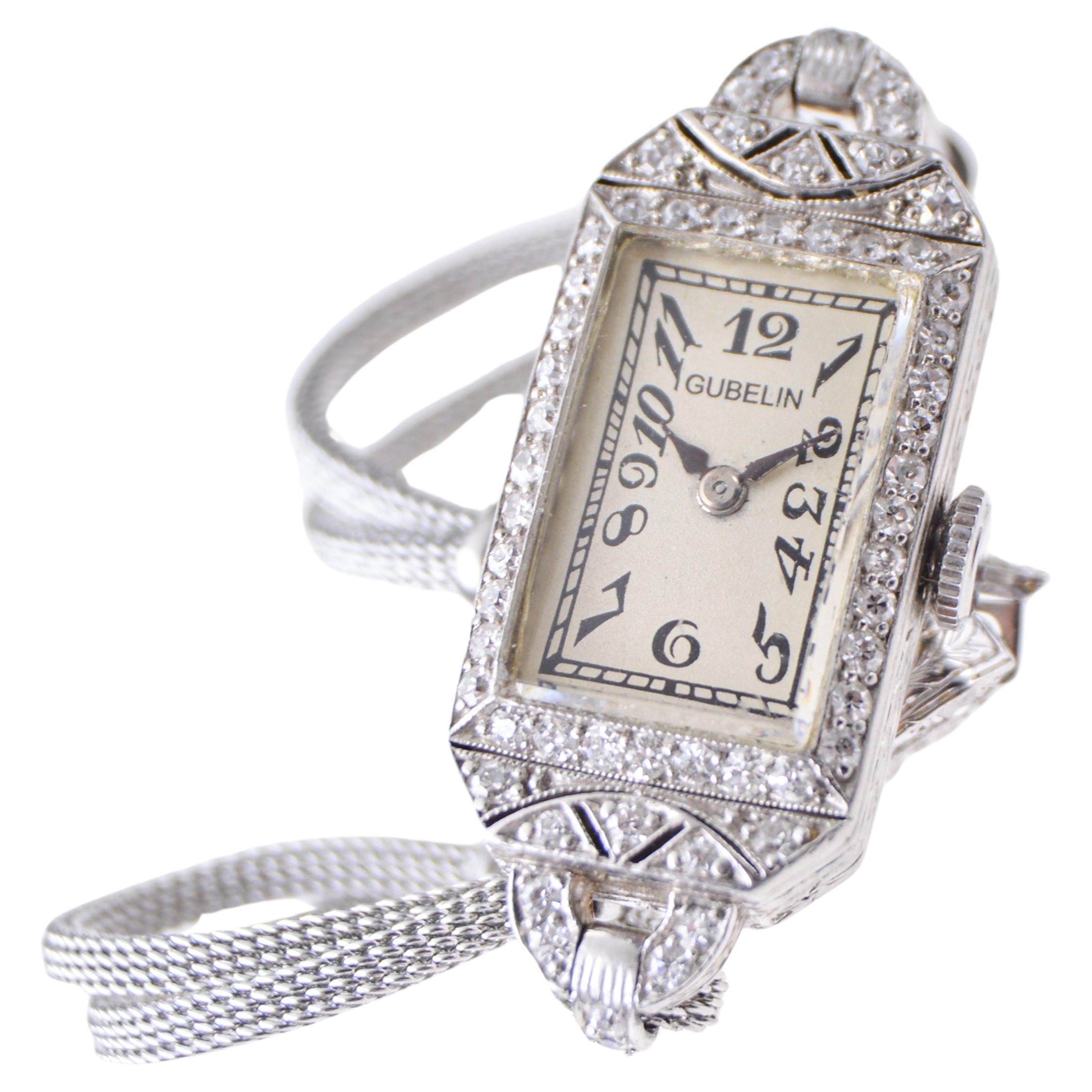 Gubelin Platinum and Diamond Art Deco Manual Winding Dress Watch, circa 1930s For Sale 4