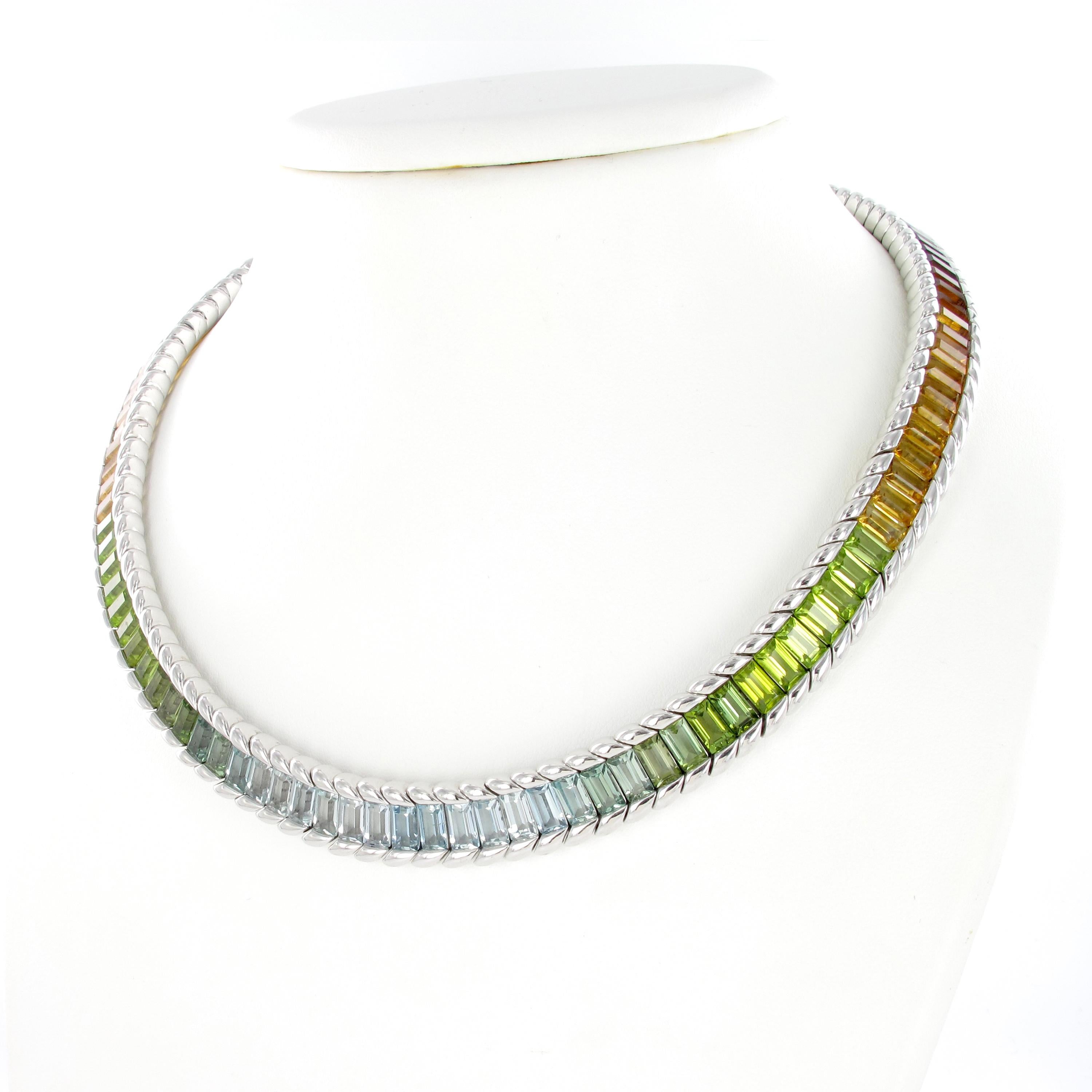 This versatile Gubelin rainbow colored necklace suits every occasion and every wardrobe. Handcrafted in the swiss based Gubelin workshops, this elegant necklace displays a finely matched selection of baguette shaped tourmalines, garnets,