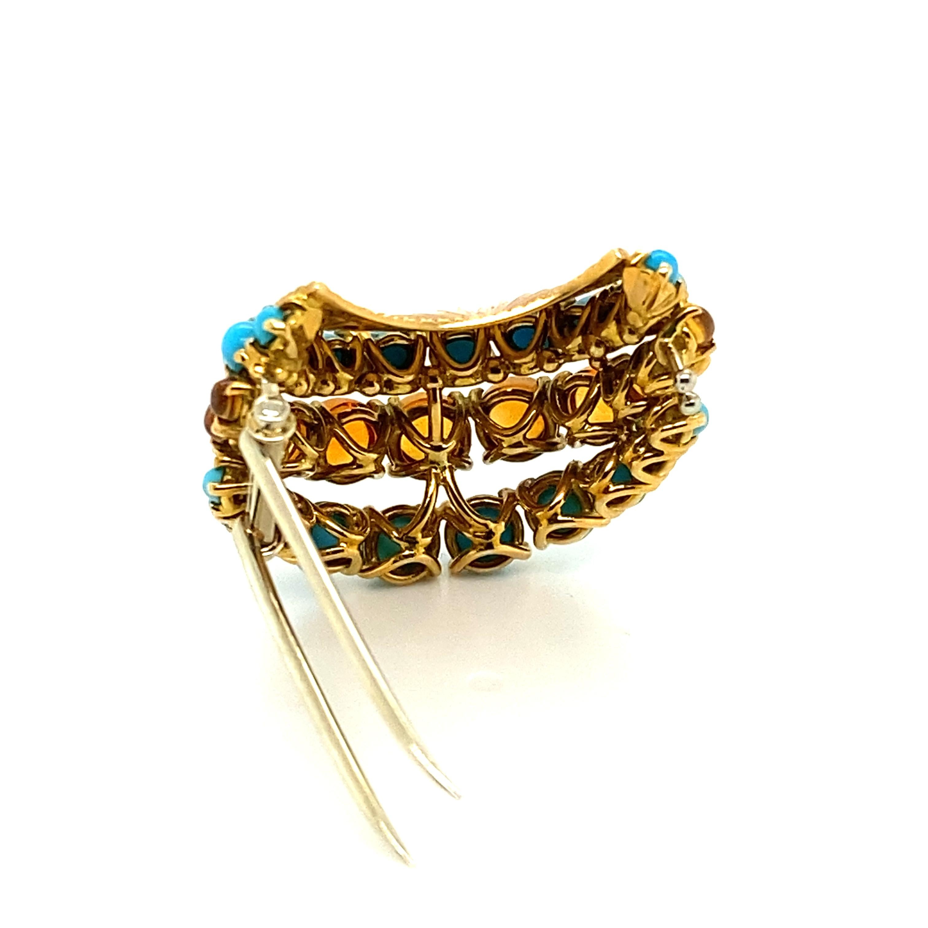 Gübelin Retro Brooch in 18 Karat Yellow Gold with Turquoises and Citrines For Sale 5