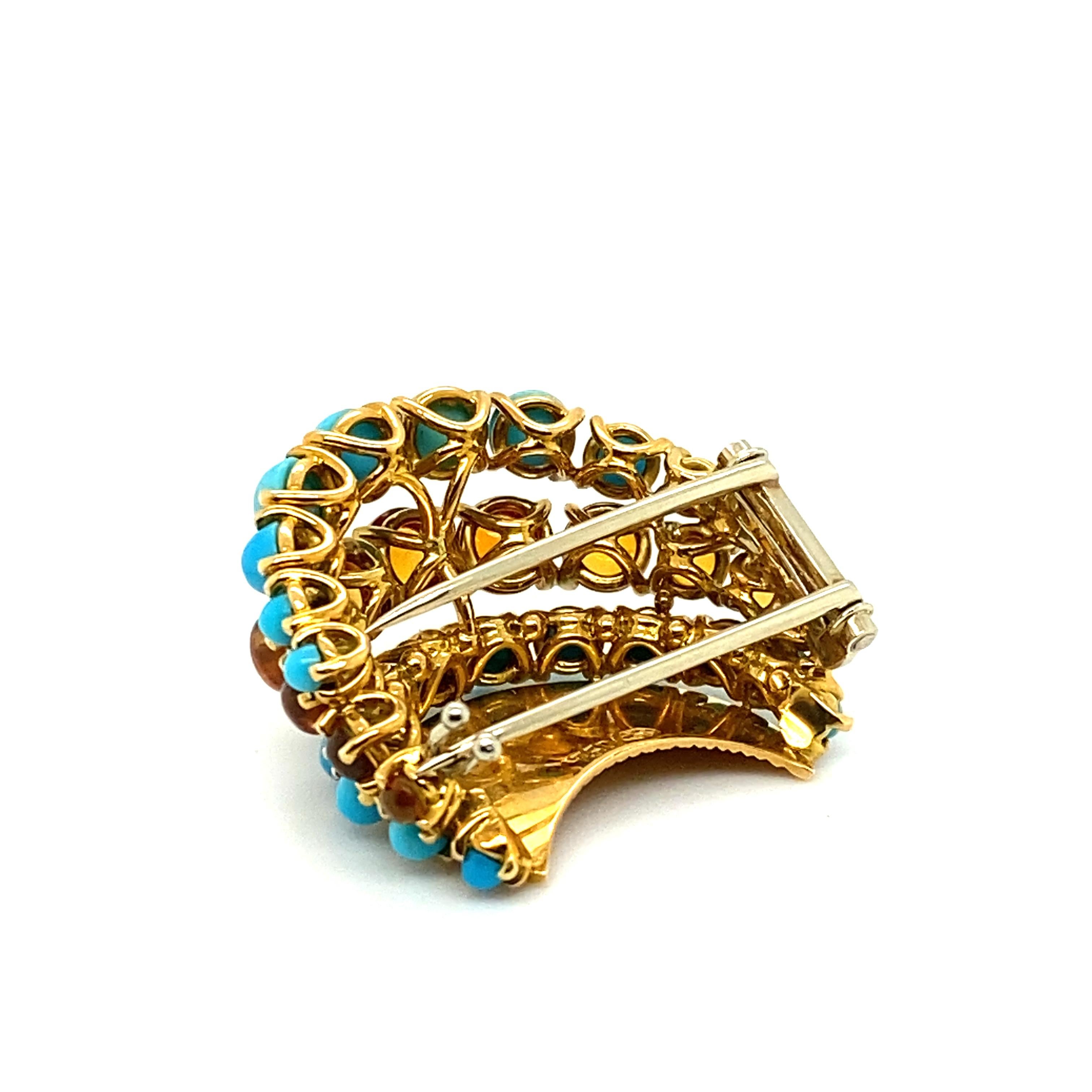 Gübelin Retro Brooch in 18 Karat Yellow Gold with Turquoises and Citrines For Sale 6