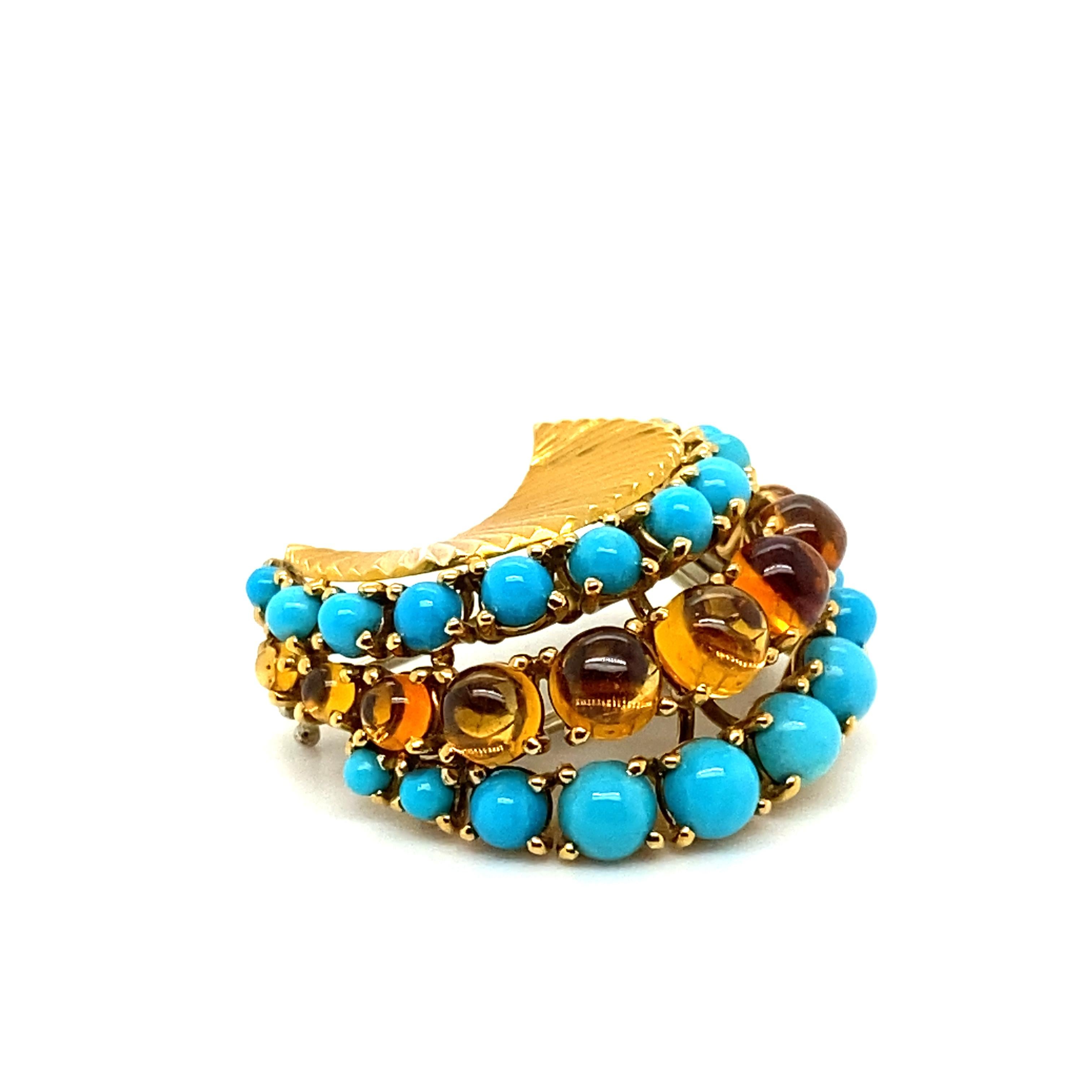 Gübelin Retro Brooch in 18 Karat Yellow Gold with Turquoises and Citrines For Sale 7