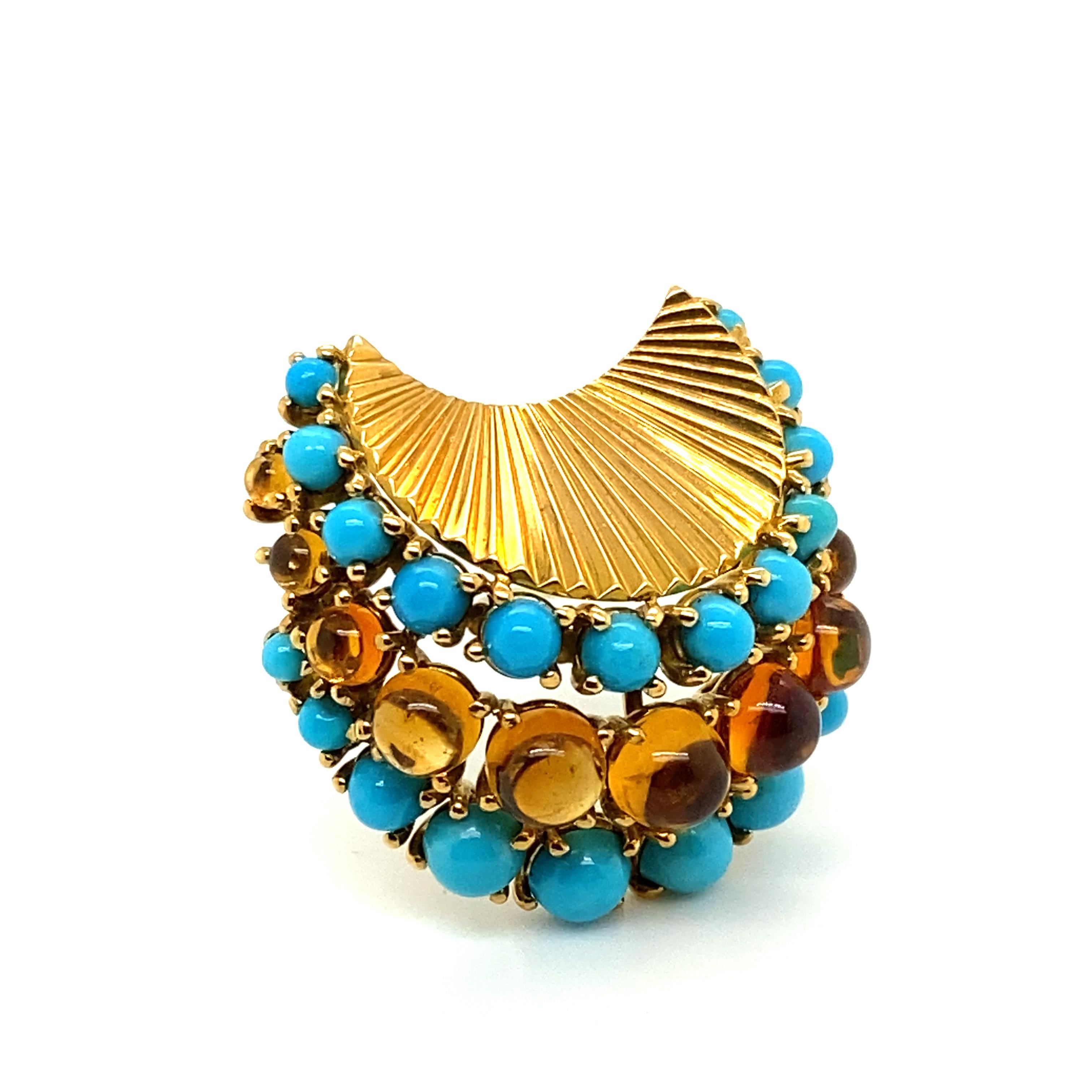 Gübelin Retro Brooch in 18 Karat Yellow Gold with Turquoises and Citrines For Sale 8