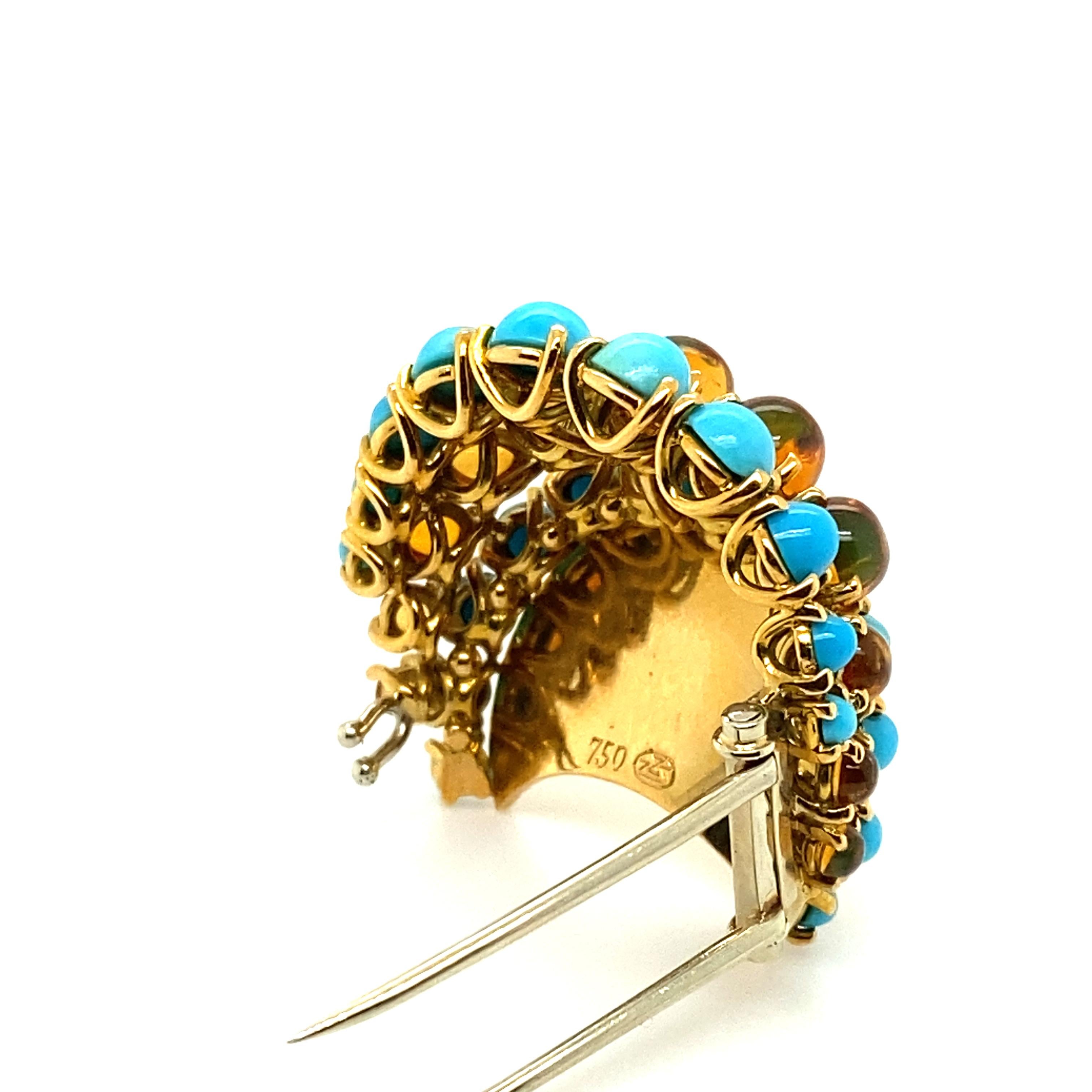 Gübelin Retro Brooch in 18 Karat Yellow Gold with Turquoises and Citrines For Sale 9