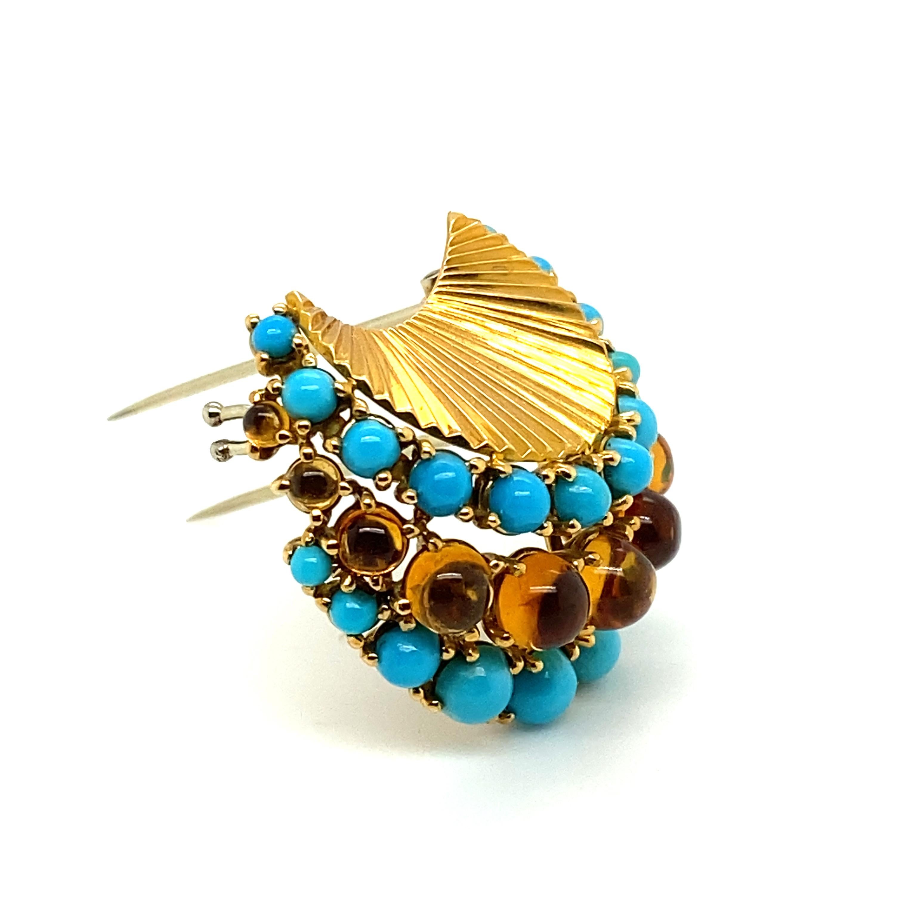 Cabochon Gübelin Retro Brooch in 18 Karat Yellow Gold with Turquoises and Citrines For Sale