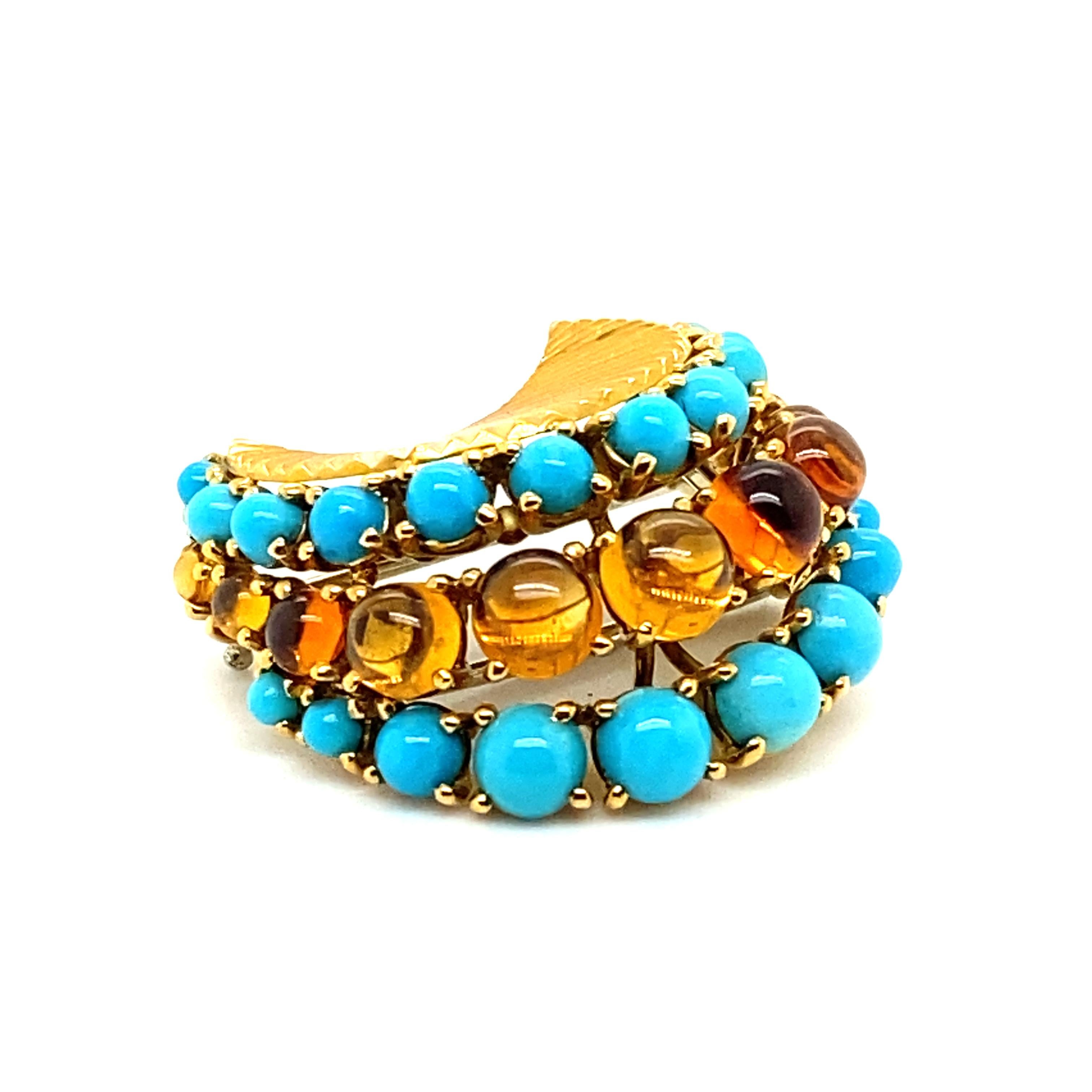 Women's or Men's Gübelin Retro Brooch in 18 Karat Yellow Gold with Turquoises and Citrines For Sale