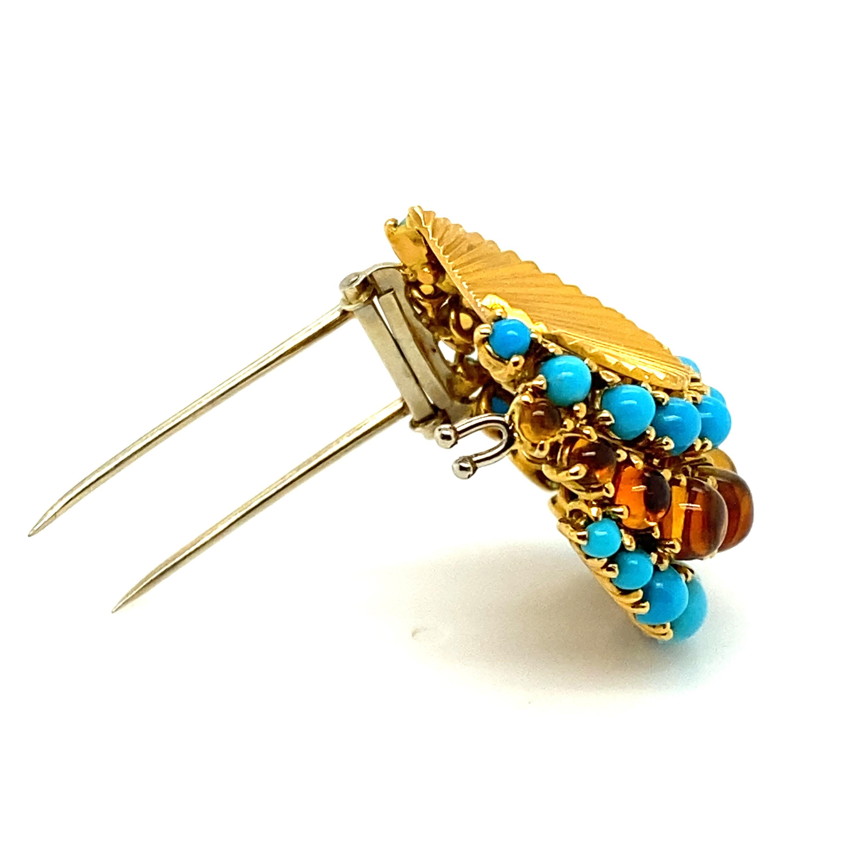 Gübelin Retro Brooch in 18 Karat Yellow Gold with Turquoises and Citrines For Sale 1
