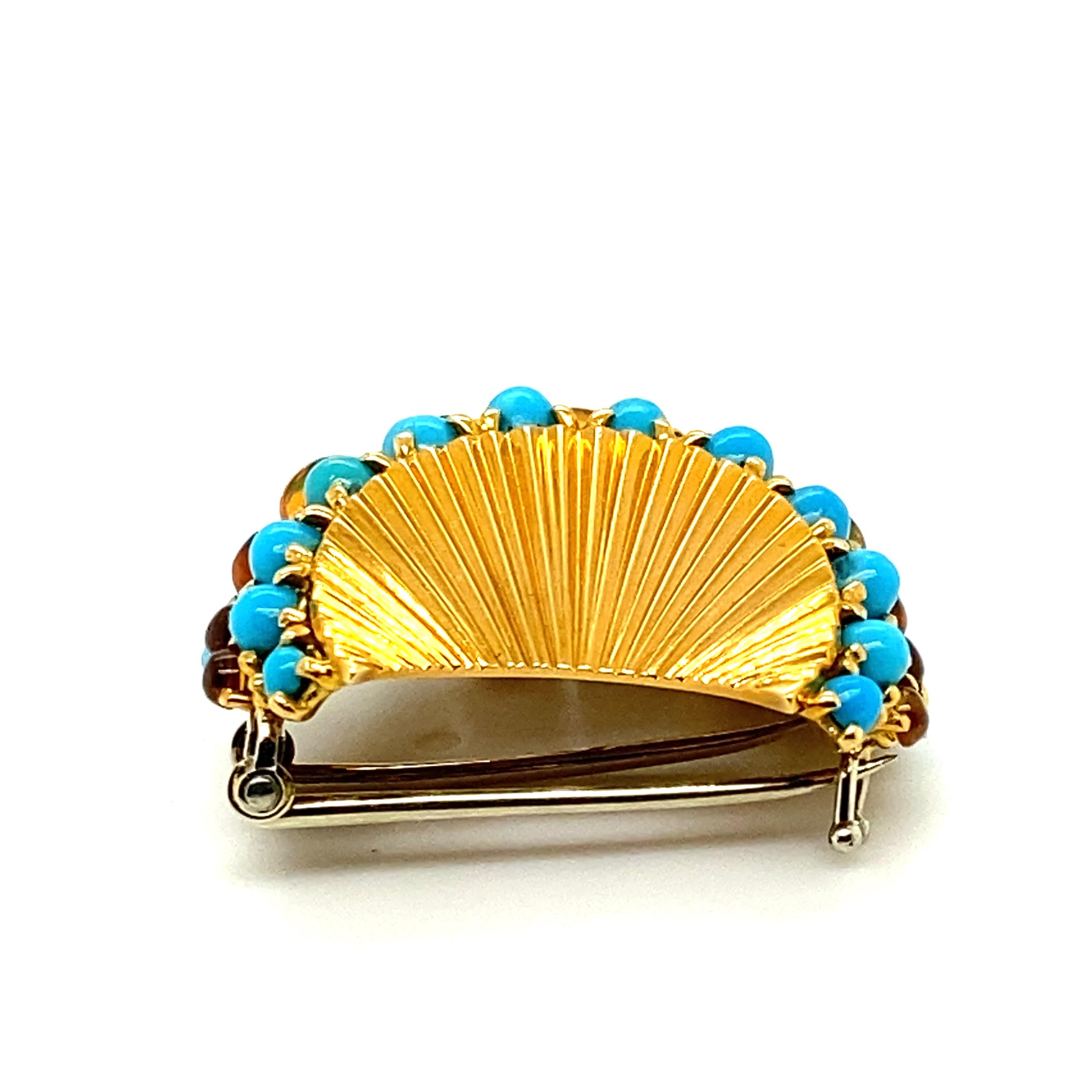 Gübelin Retro Brooch in 18 Karat Yellow Gold with Turquoises and Citrines For Sale 2