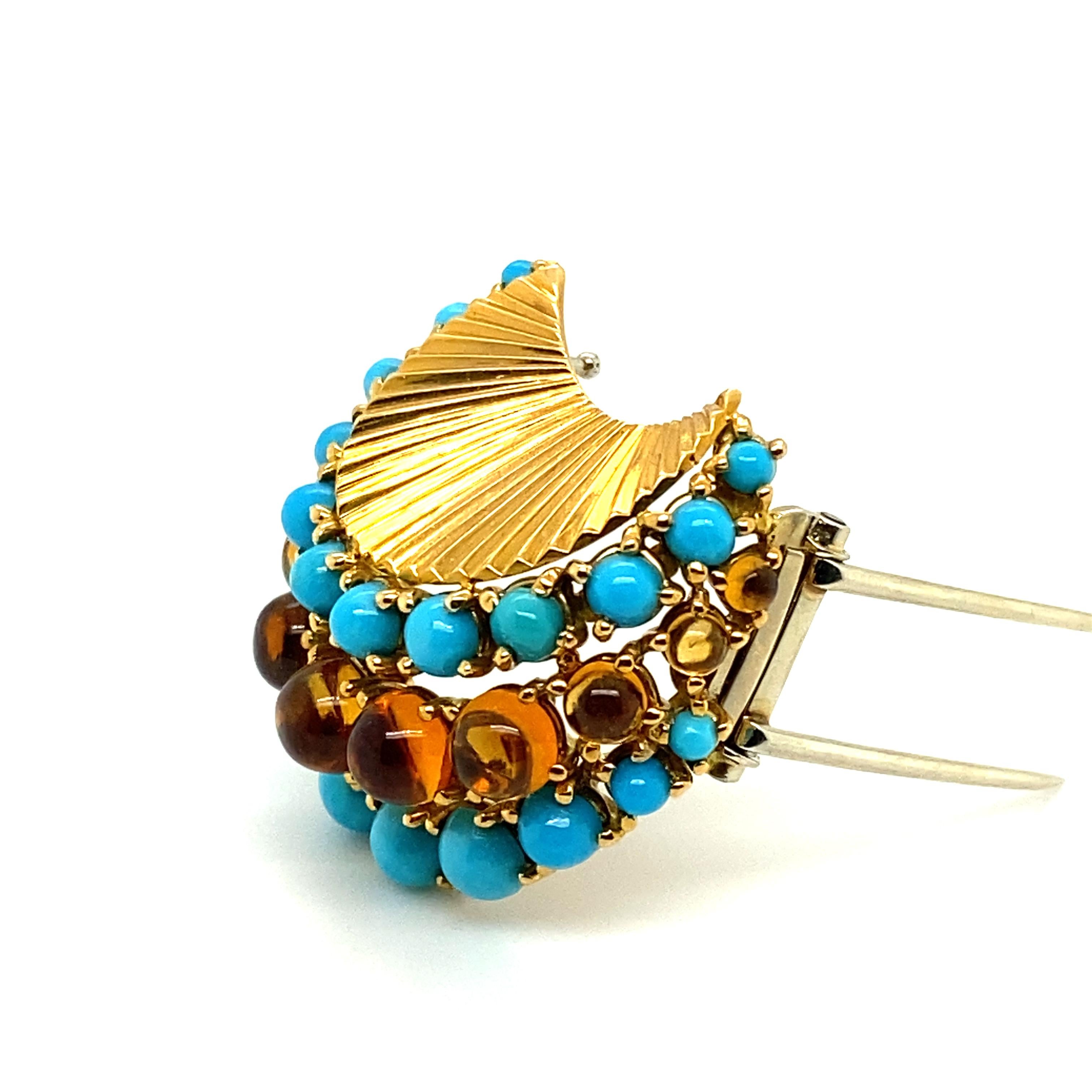 Gübelin Retro Brooch in 18 Karat Yellow Gold with Turquoises and Citrines For Sale 3