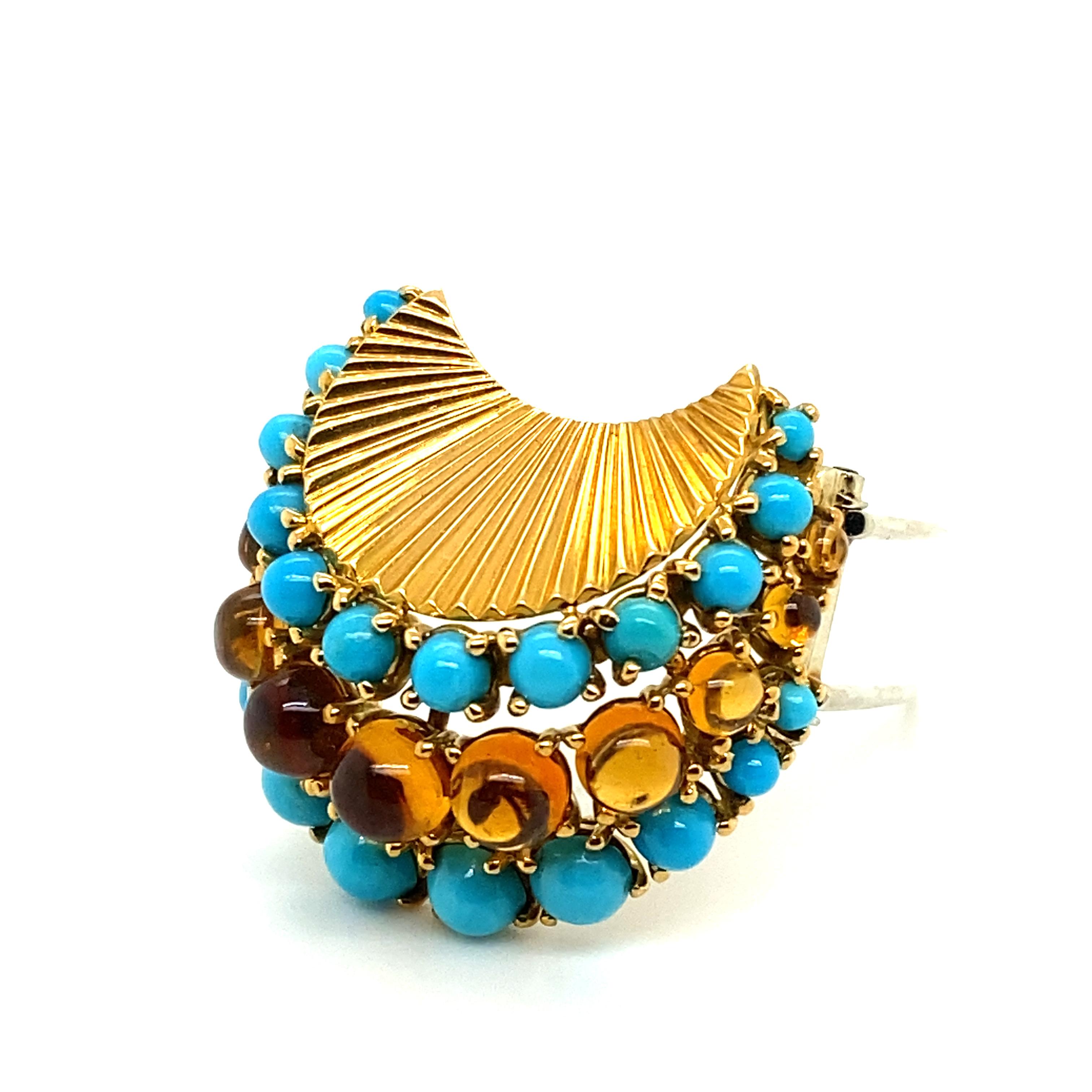 Gübelin Retro Brooch in 18 Karat Yellow Gold with Turquoises and Citrines For Sale 4