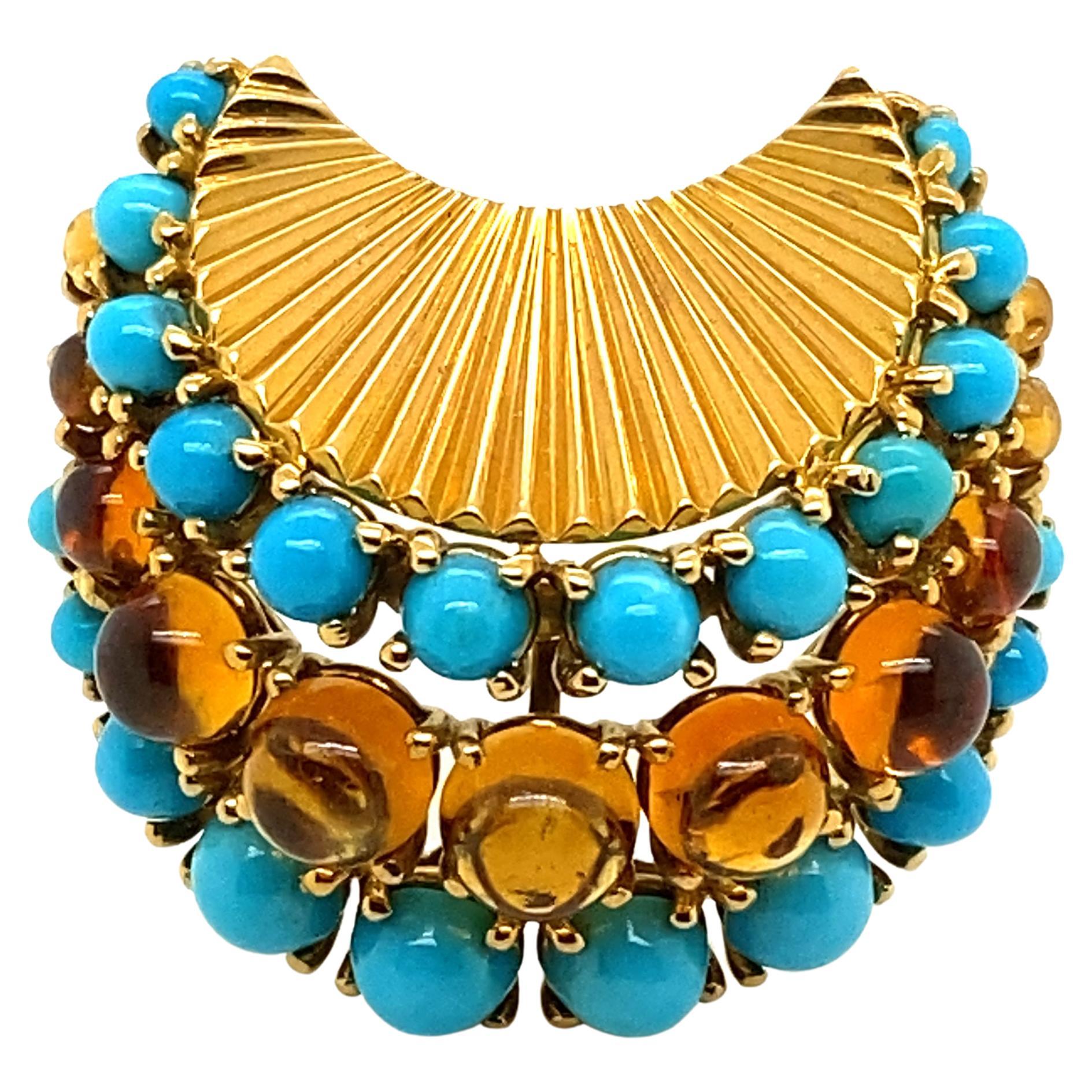 Gübelin Retro Brooch in 18 Karat Yellow Gold with Turquoises and Citrines For Sale