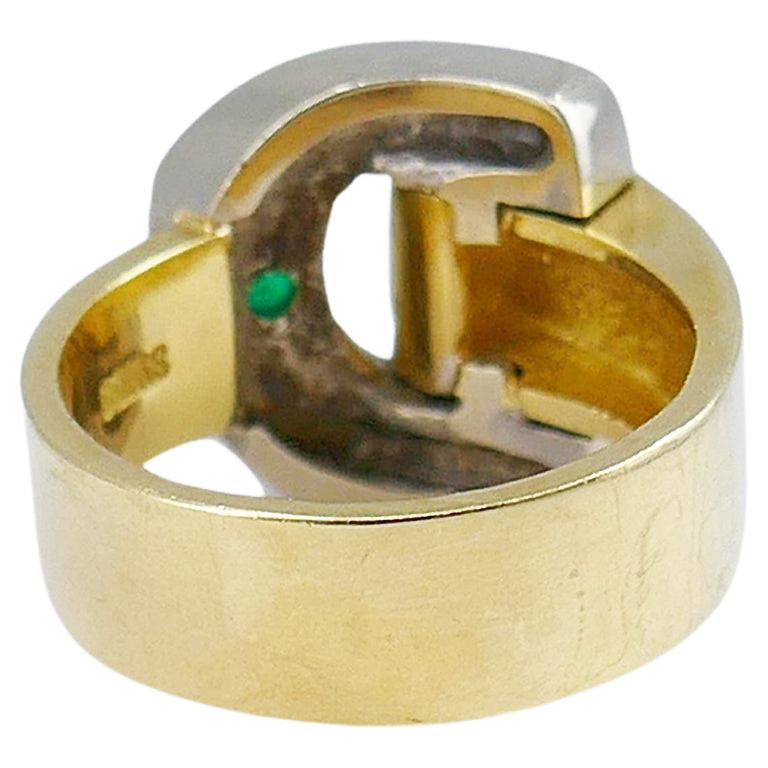 Gubelin Retro Gold Ring Buckle Design 18k Emerald Estate Jewelry For Sale 4
