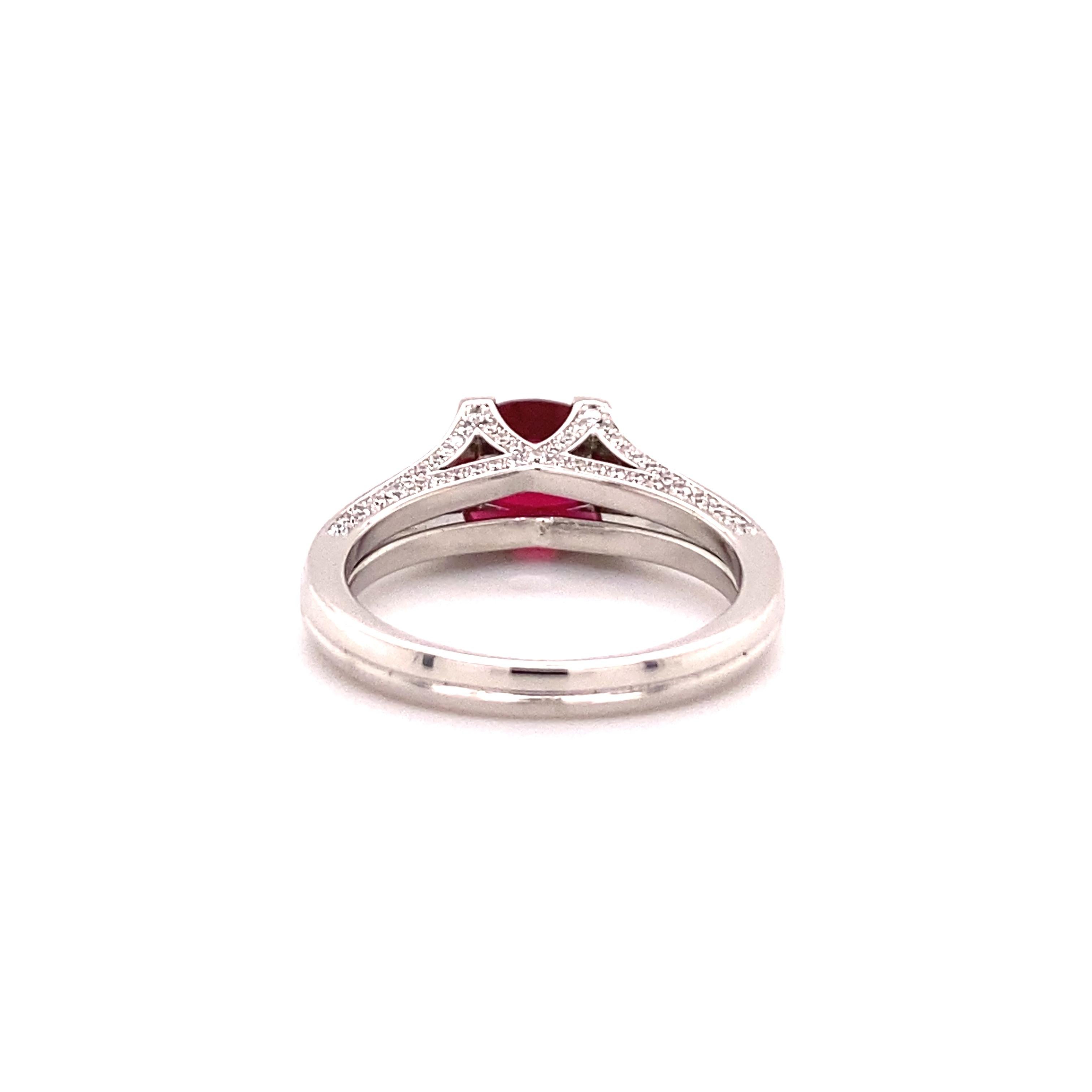 Cushion Cut Gubelin Ring Set with Glowing Red Spinel and Diamonds in 18k White Gold