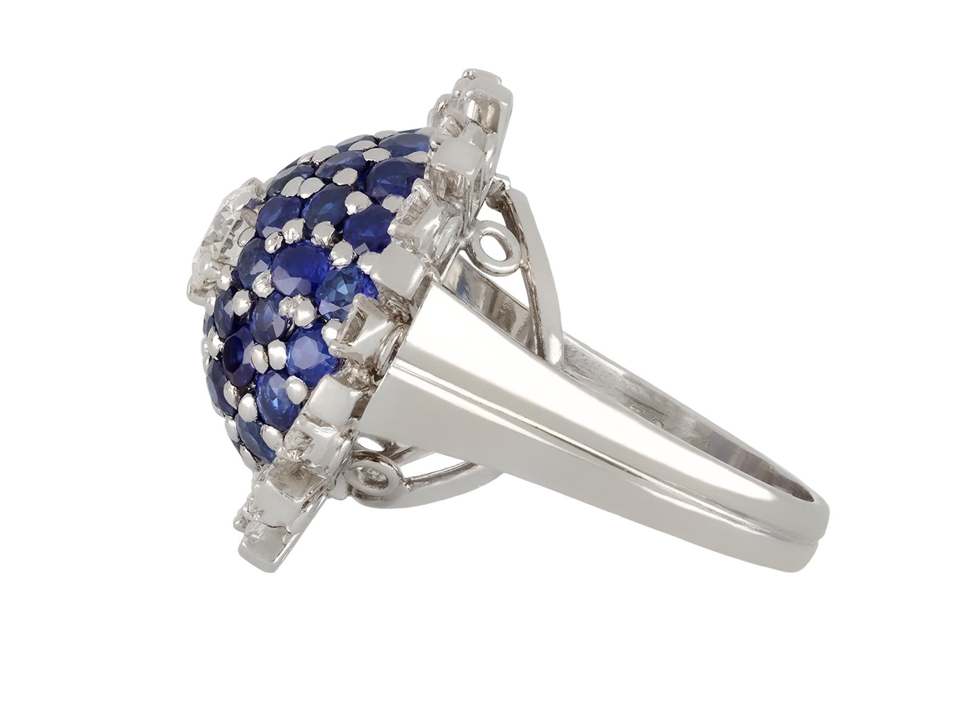 Round Cut Gubelin sapphire and diamond bombé cocktail ring, circa 1950. For Sale
