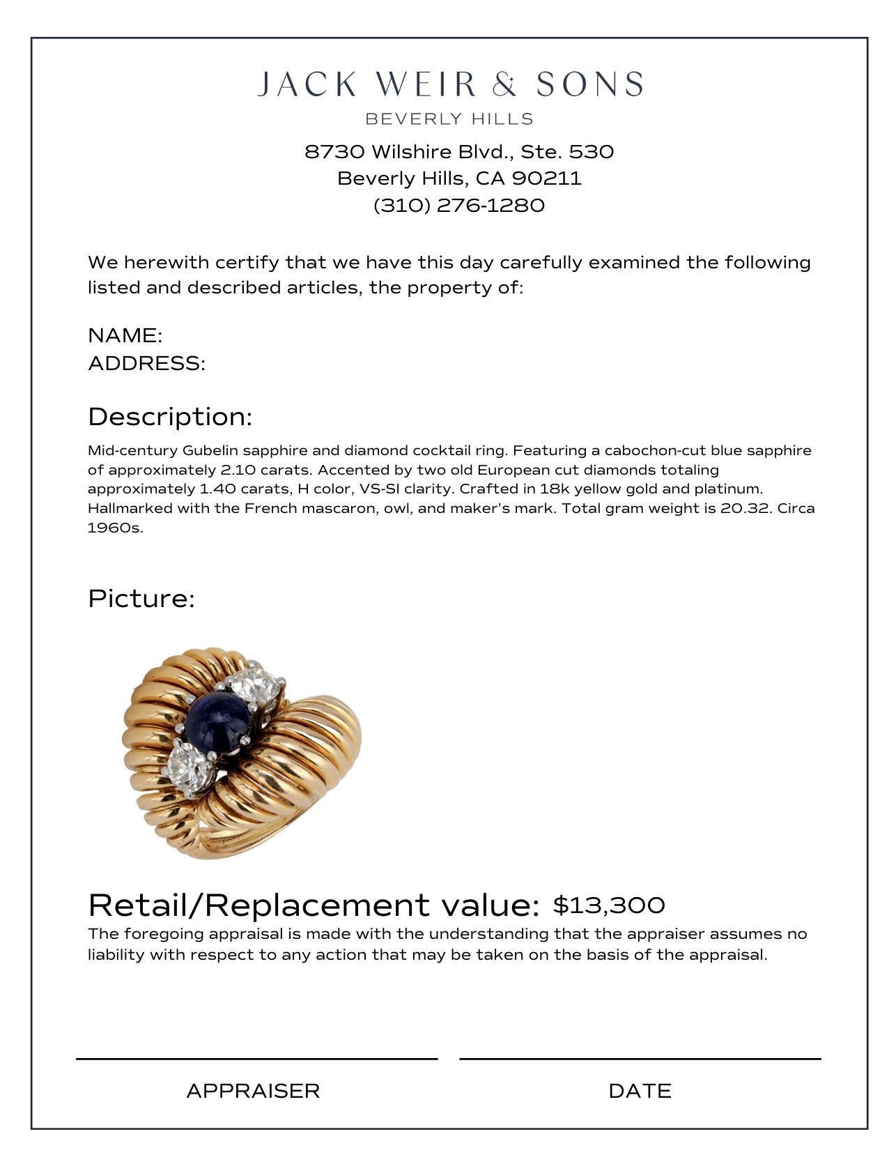 Women's or Men's Gubelin sapphire diamond 18k yellow gold cocktail ring For Sale