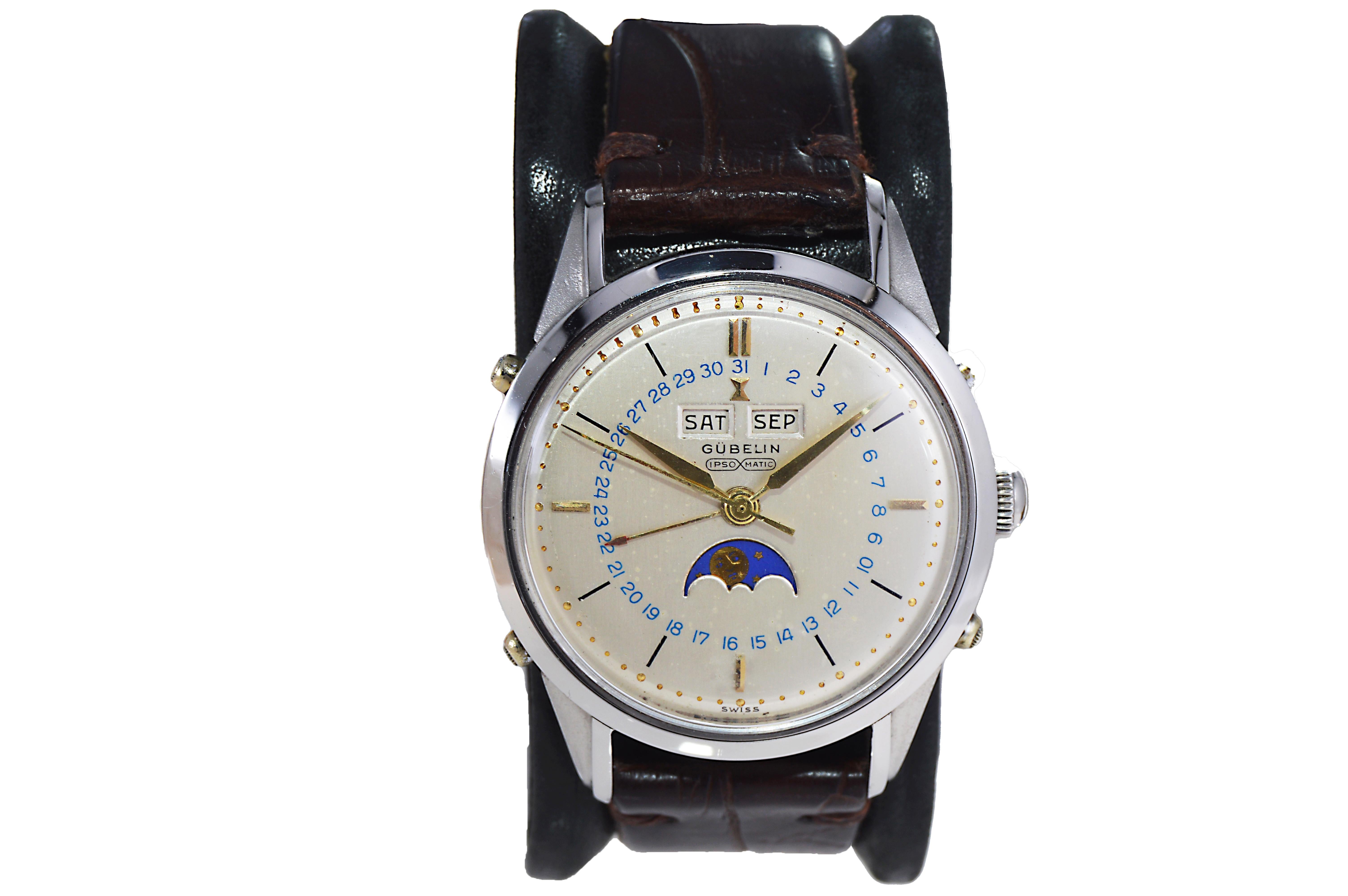 Art Deco Gubelin Stainless Steel Automatic Triple Date Moon Phase Calendar Watch For Sale