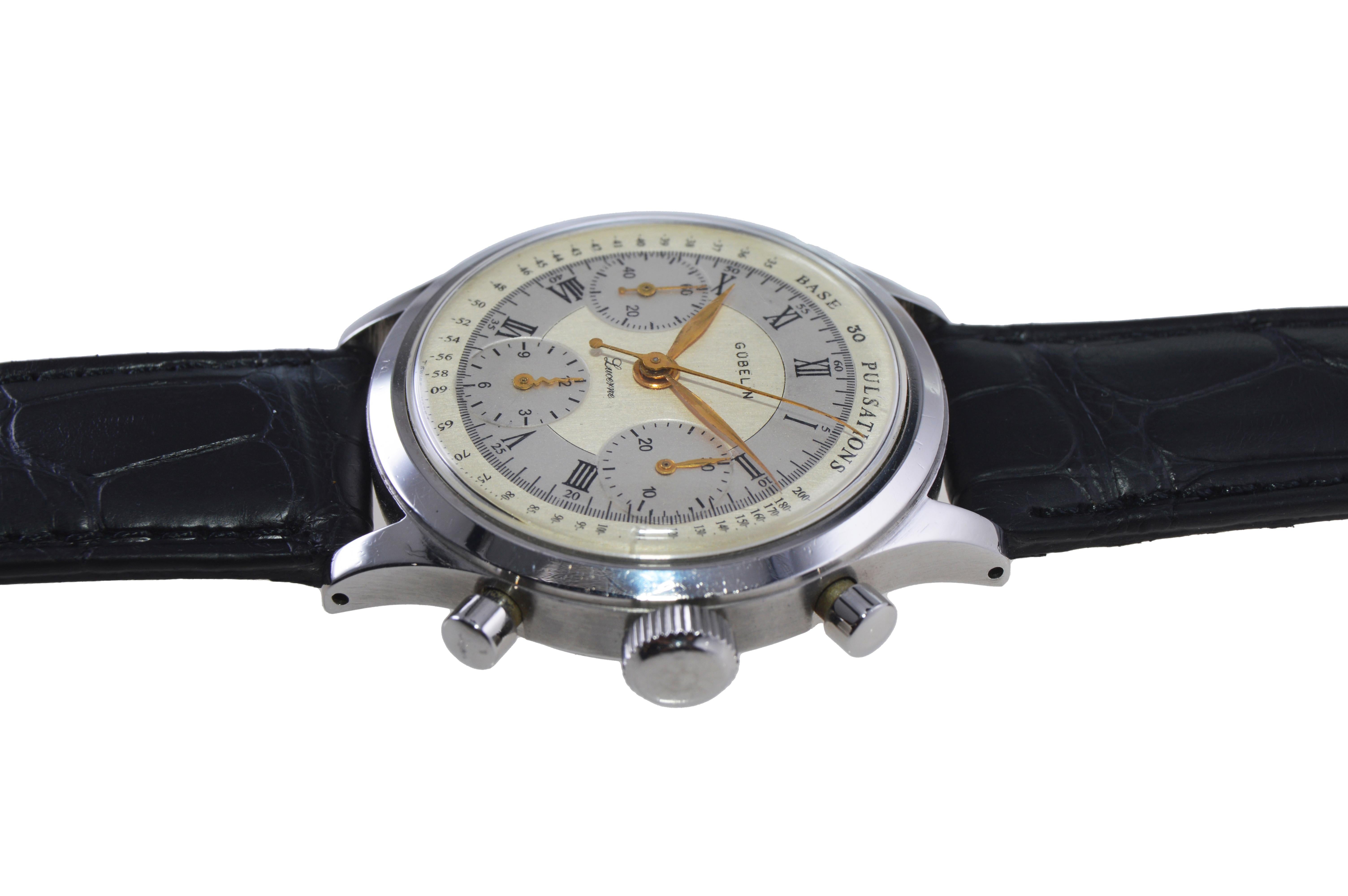 Gubelin Stainless Steel Valjoux 72 Chronograph Doctors Pulsation Watch, 1940s For Sale 3