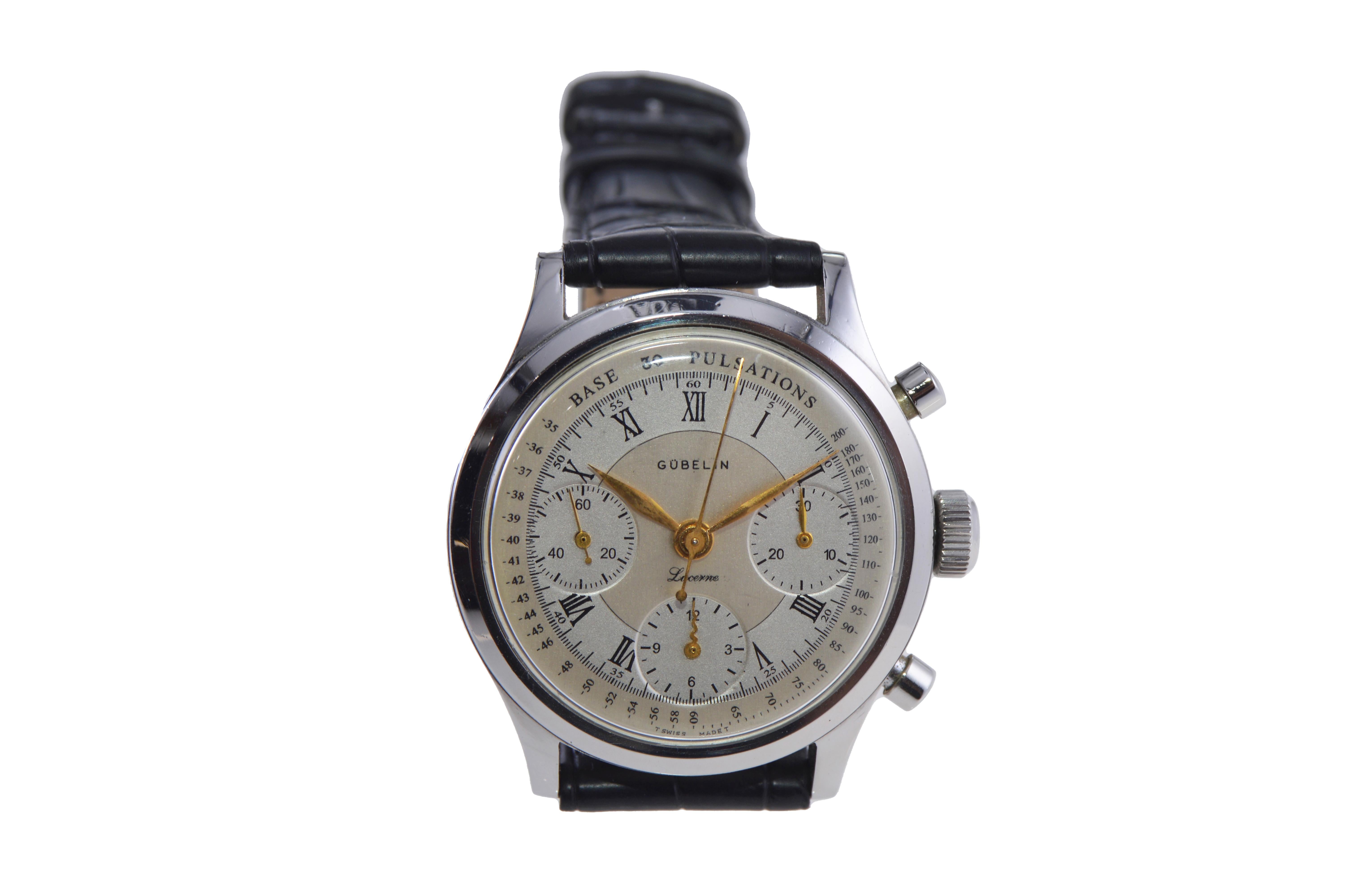 Gubelin Stainless Steel Valjoux 72 Chronograph Doctors Pulsation Watch, 1940s For Sale 1