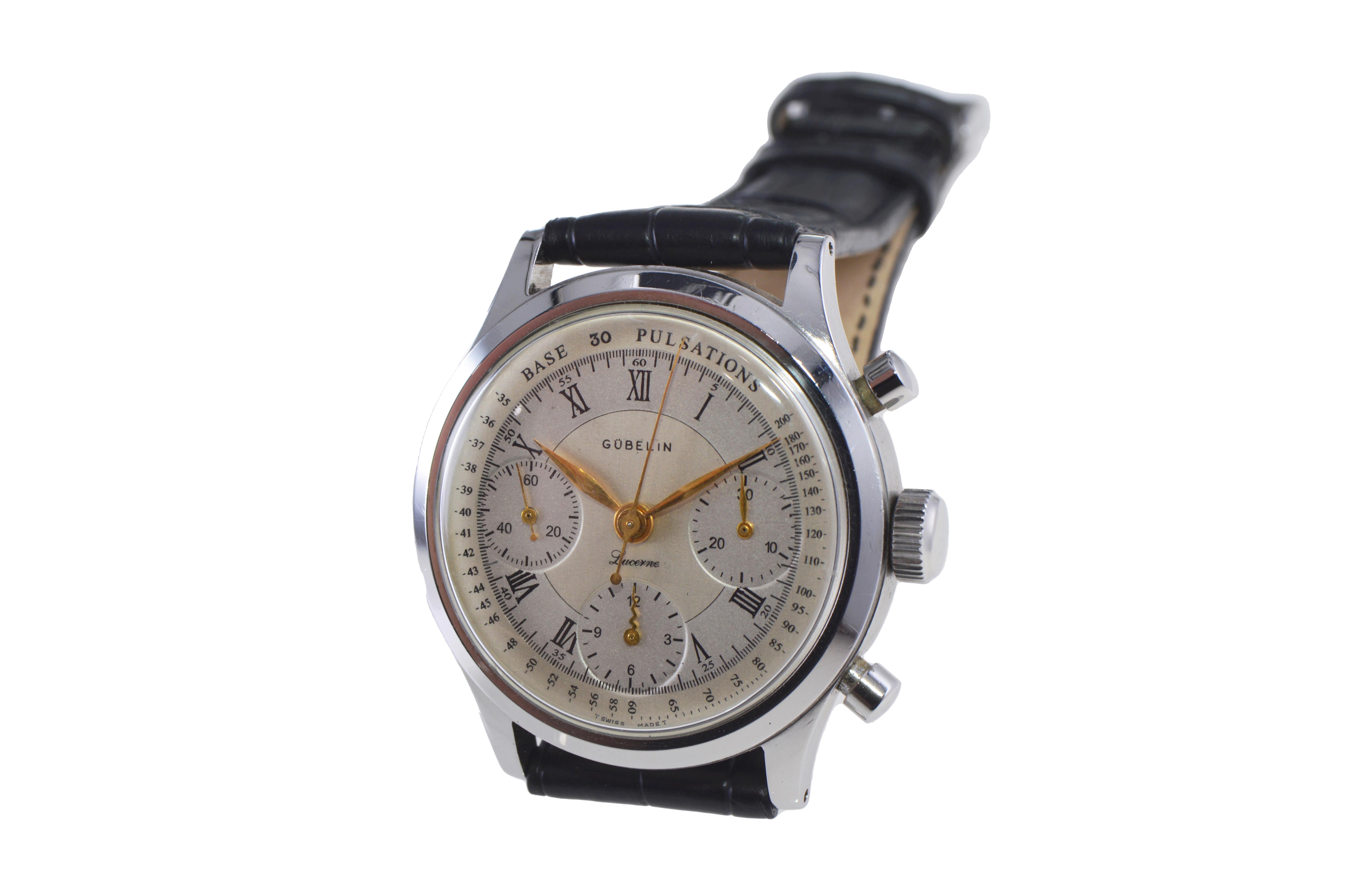 Gubelin Stainless Steel Valjoux 72 Chronograph Doctors Pulsation Watch, 1940s For Sale 2