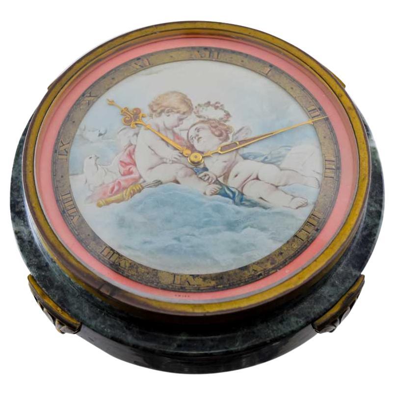 Gubelin Stone and Metal Art Deco Table Clock with Cherubic Hand Made Dial 1930's