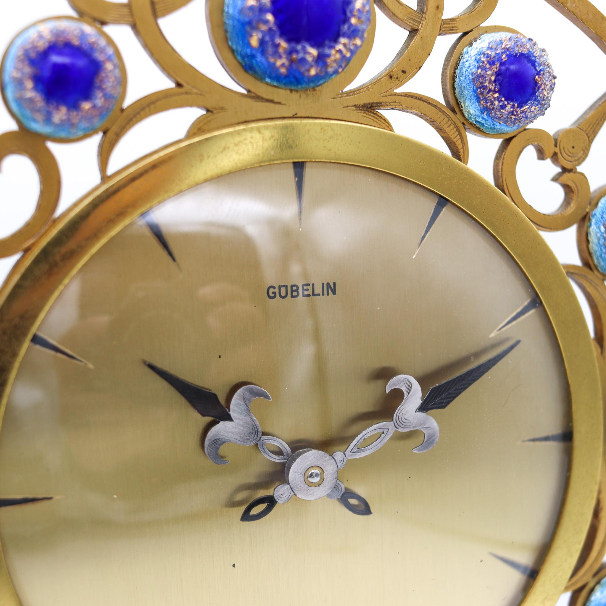 Mid-Century Modern Gubelin Swiss 1960 Retro Modernist 8 Days Desk Clock in Gilded Bronze and Enamel For Sale