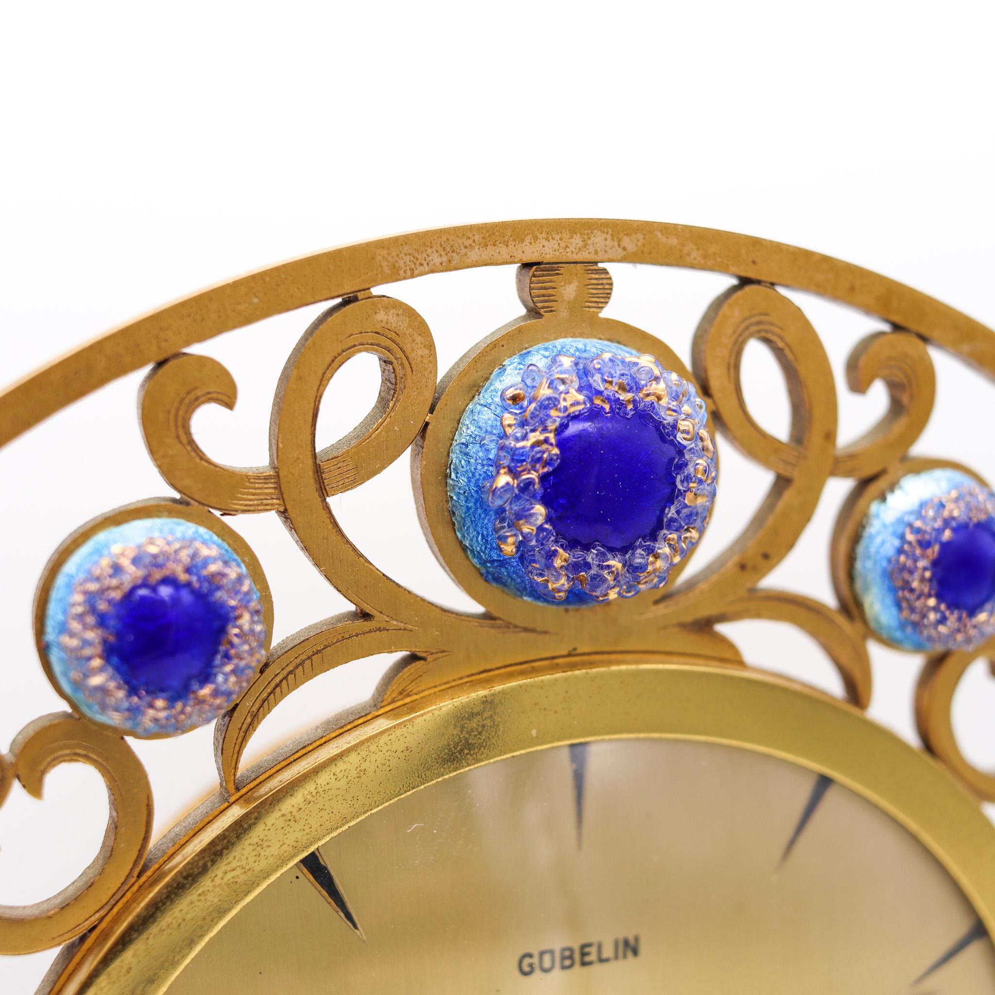 Enameled Gubelin Swiss 1960 Retro Modernist 8 Days Desk Clock in Gilded Bronze and Enamel For Sale