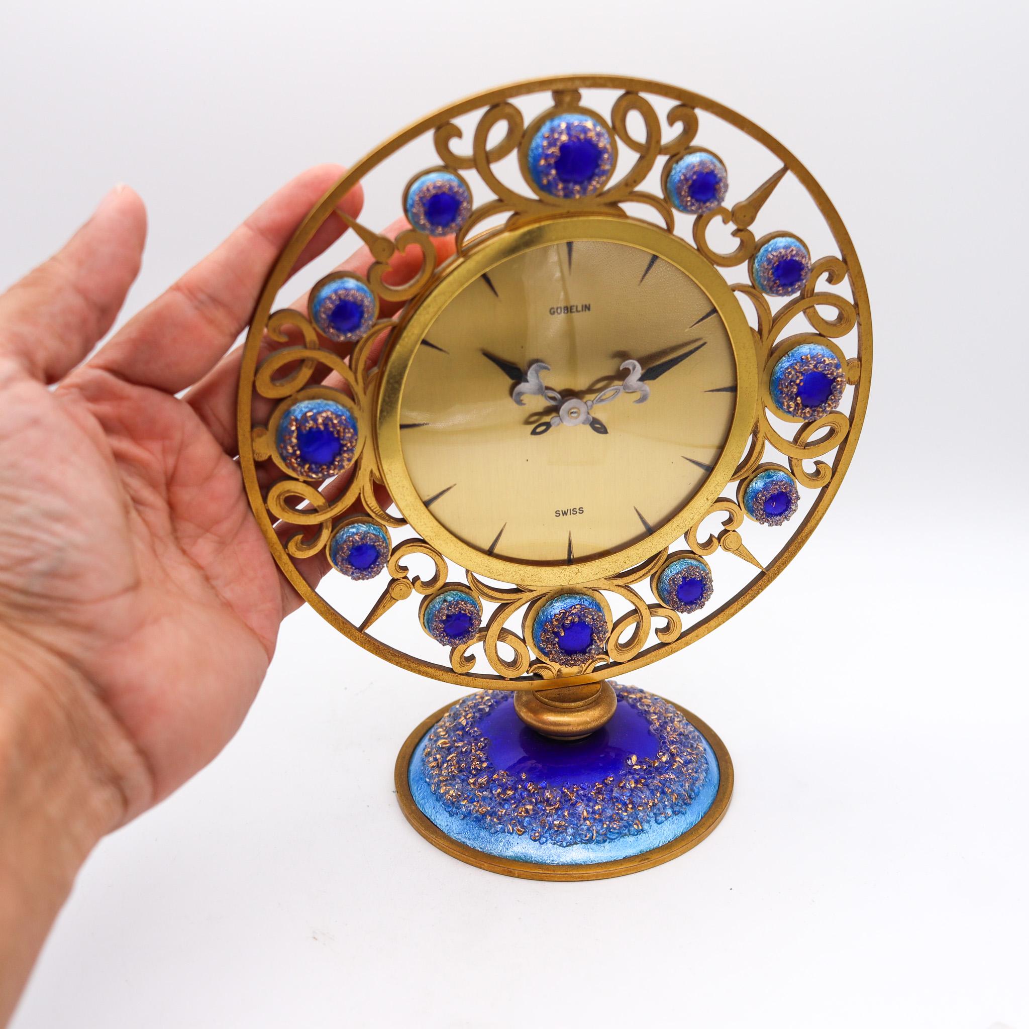 Gubelin Swiss 1960 Retro Modernist 8 Days Desk Clock in Gilded Bronze and Enamel For Sale 2