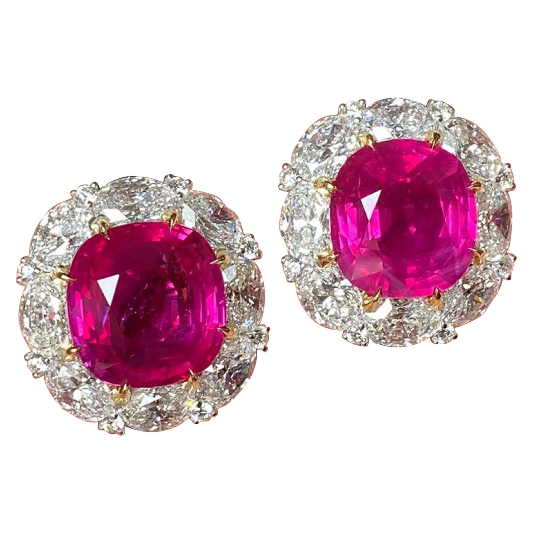 Gubelin Switzerland Certified 14 Carat Burma Ruby Diamond Halo Earrings