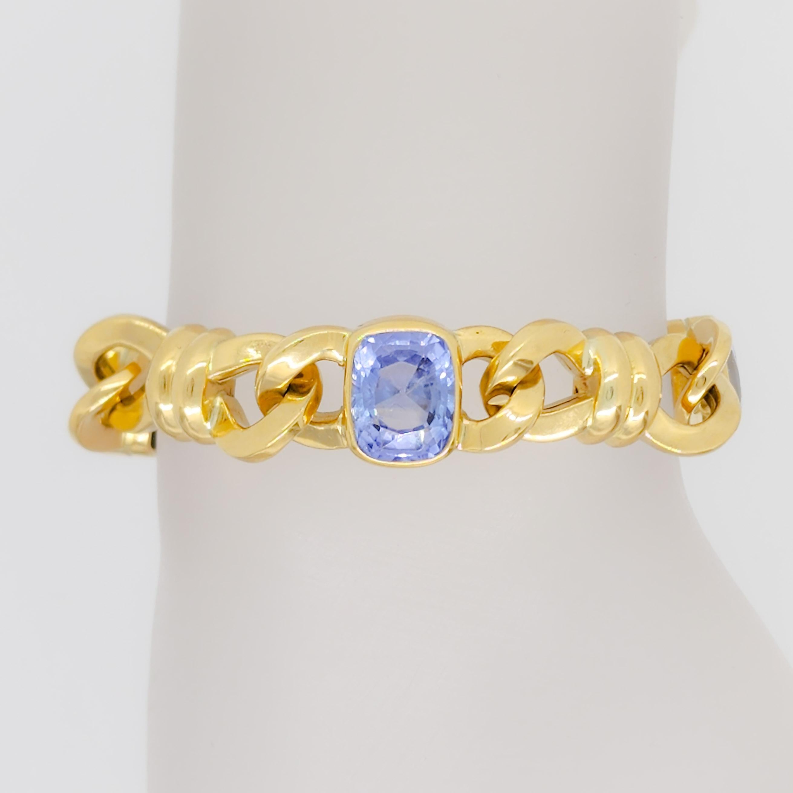 Absolutely beautiful Gubelin certified unheated Sri Lankan blue sapphire cushions weighing 30.00 ct.  Handmade in 18k yellow gold.  This bracelet is spectacular in person!  Length is 8
