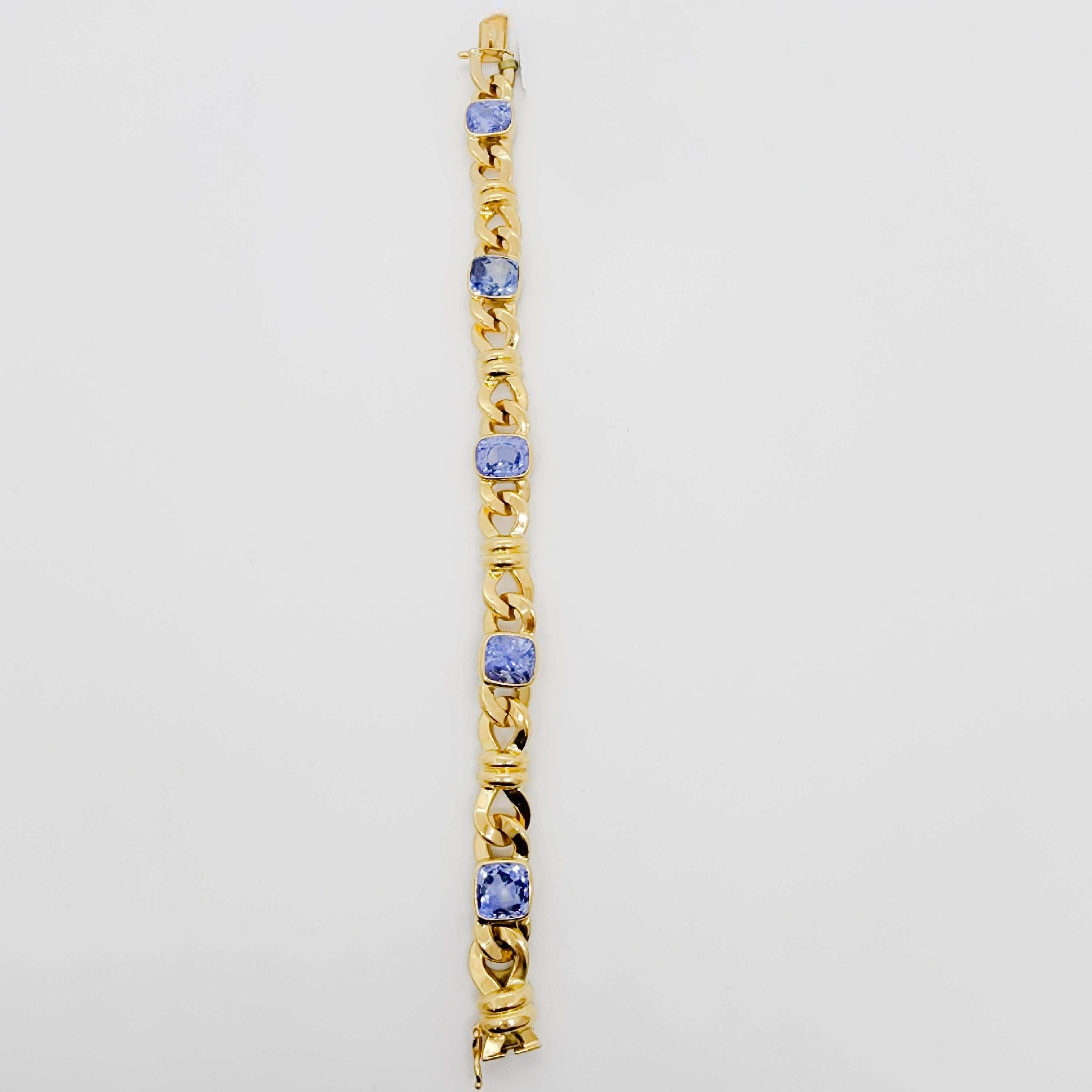 Gubelin Unheated Sri Lanka Blue Sapphire Cushion Bracelet in 18k Yellow Gold In New Condition In Los Angeles, CA