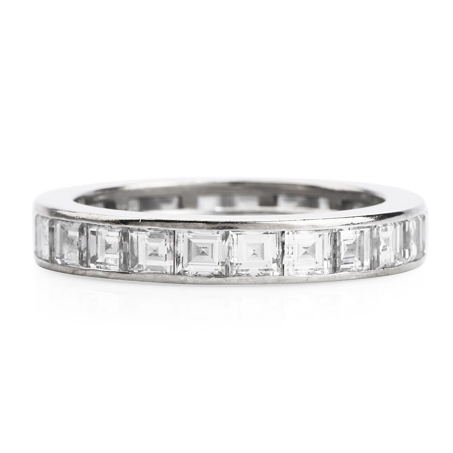 This classic Vintage Gublelin diamond band is hand crafted 18k white gold.  Weighing approx. 5.7 grams and is adorned with 24 genuine high quality Square-cut diamonds cumulatively weighing approx. 3.20 carats, graded F-G  color and VS1-VS2 clarity.