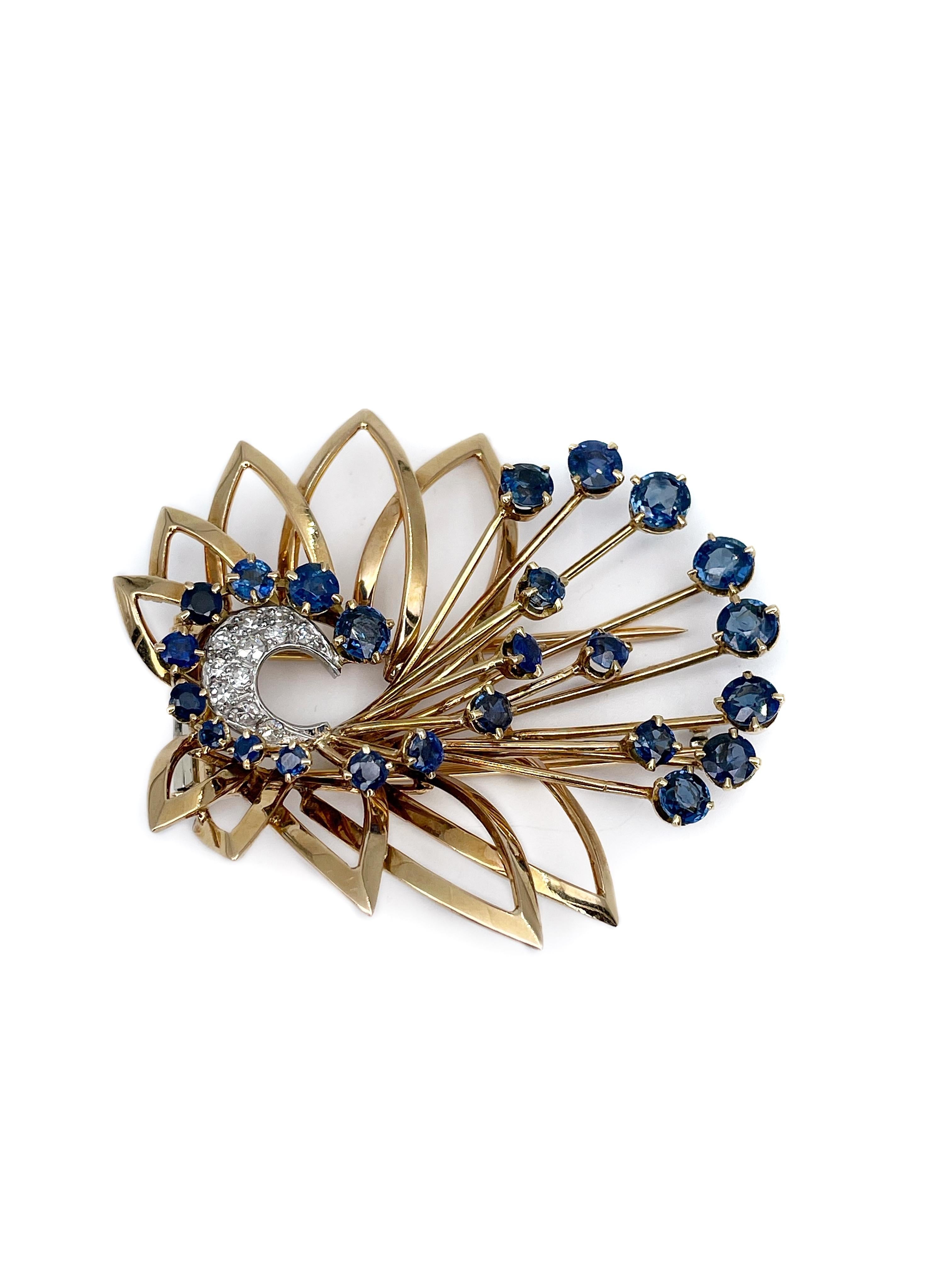 This is a beautiful floral brooch designed by Swiss company “Gübelin” in 1960s. The piece is crafted in 18K yellow gold.  It features 24 round blue sapphires and 11 diamonds.

Markings: “Gübelin-750” (shown in photos).

Weight: 21.06g
Size: