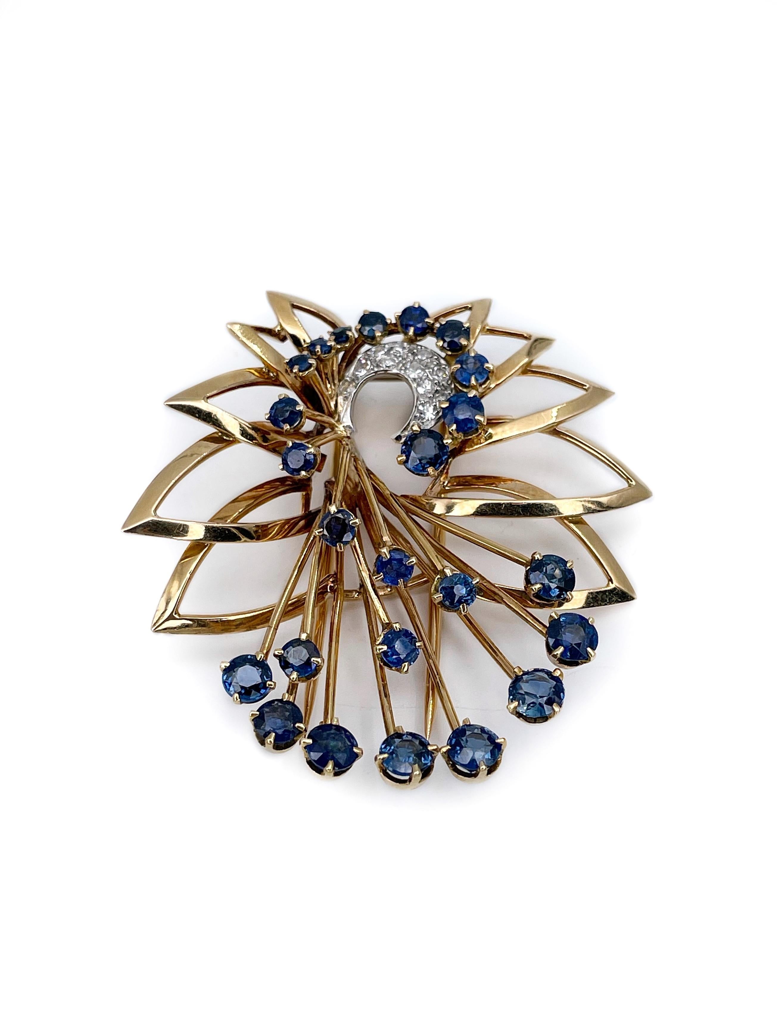 Modern Gübelin Vintage 18 Karat Gold Sapphire Diamond Floral Pin Brooch