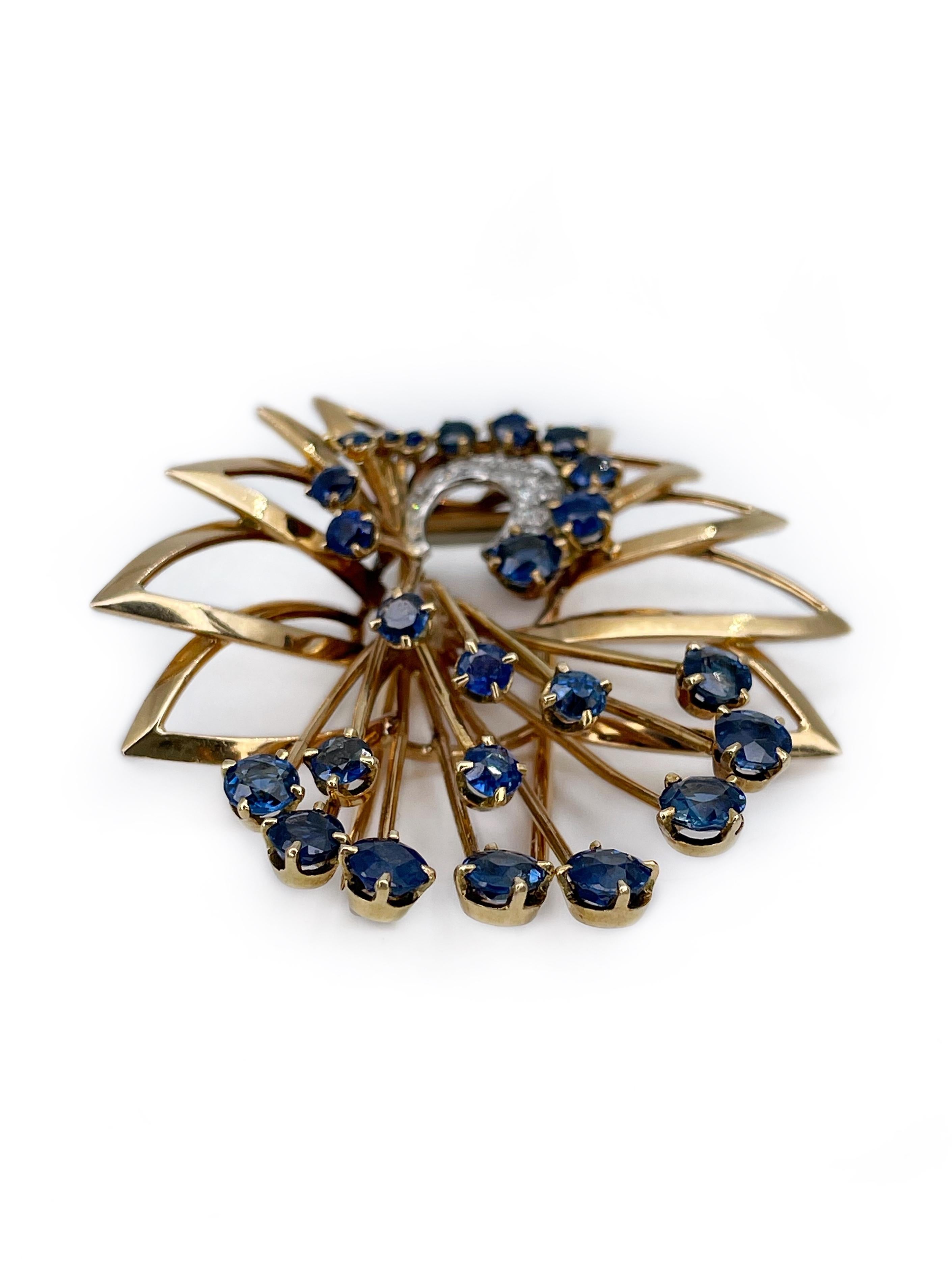 Round Cut Gübelin Vintage 18 Karat Gold Sapphire Diamond Floral Pin Brooch