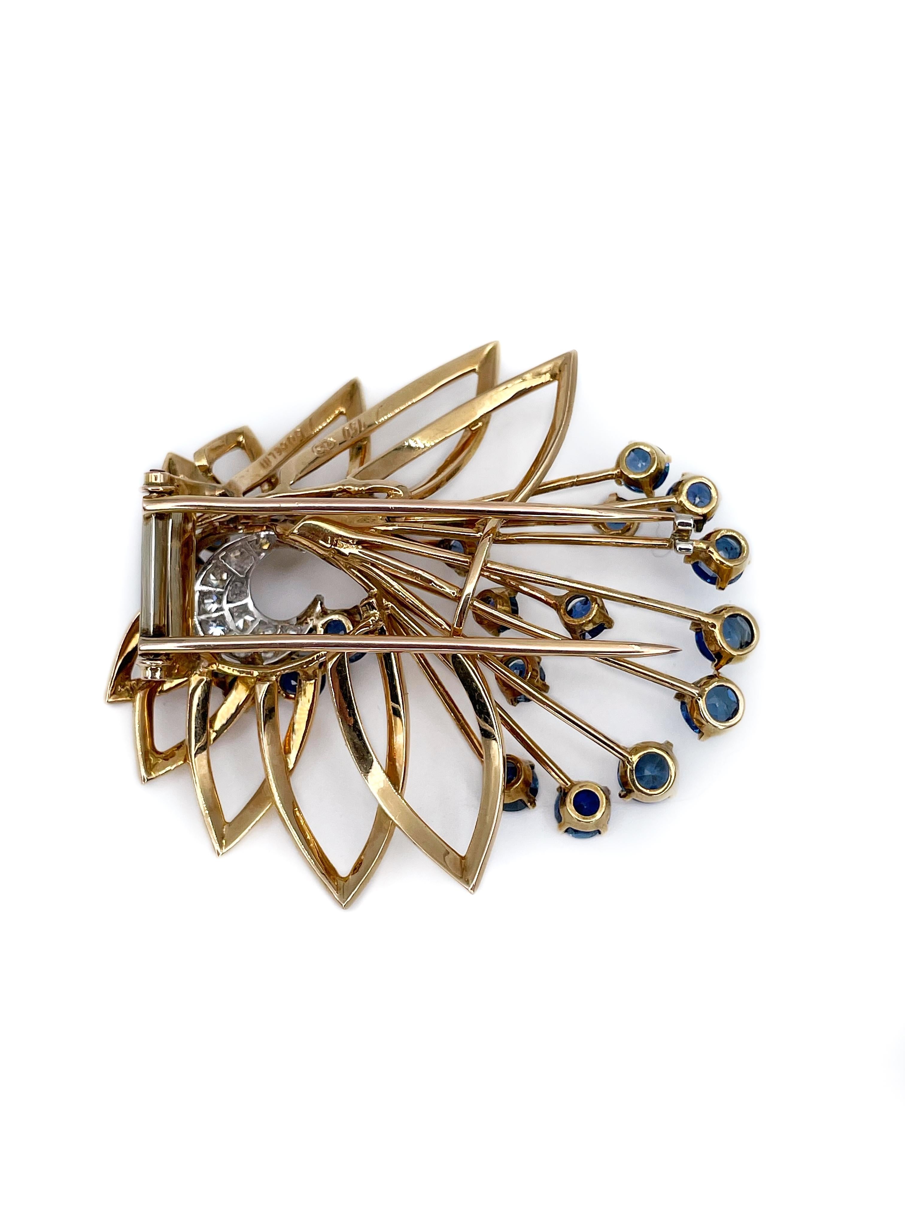 Gübelin Vintage 18 Karat Gold Sapphire Diamond Floral Pin Brooch In Good Condition In Vilnius, LT