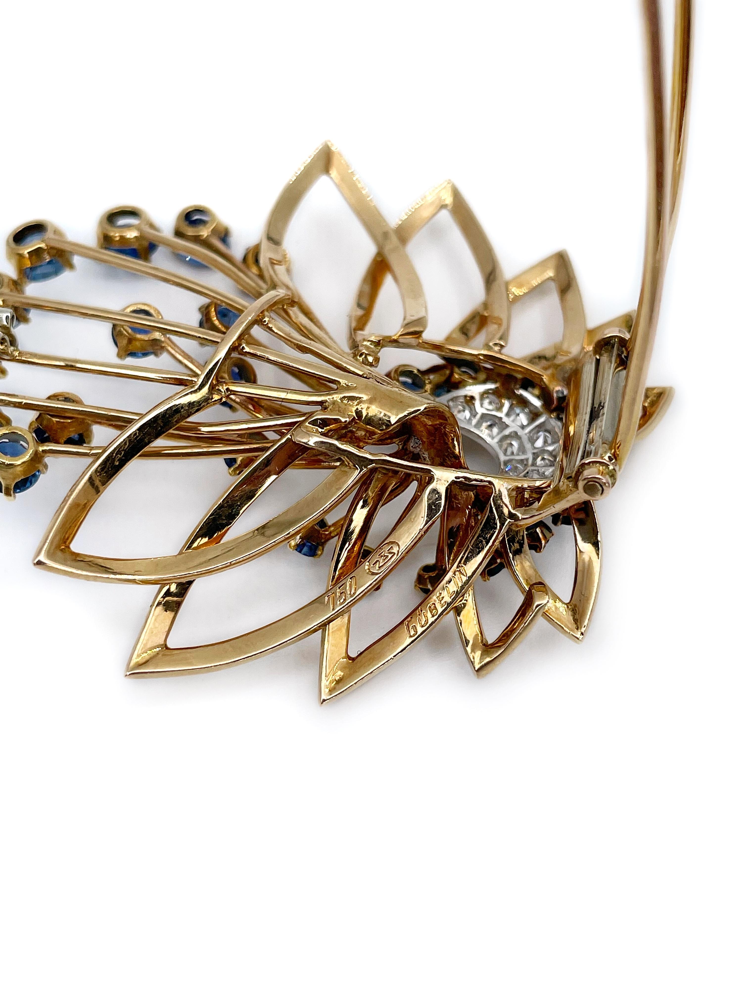 Women's Gübelin Vintage 18 Karat Gold Sapphire Diamond Floral Pin Brooch